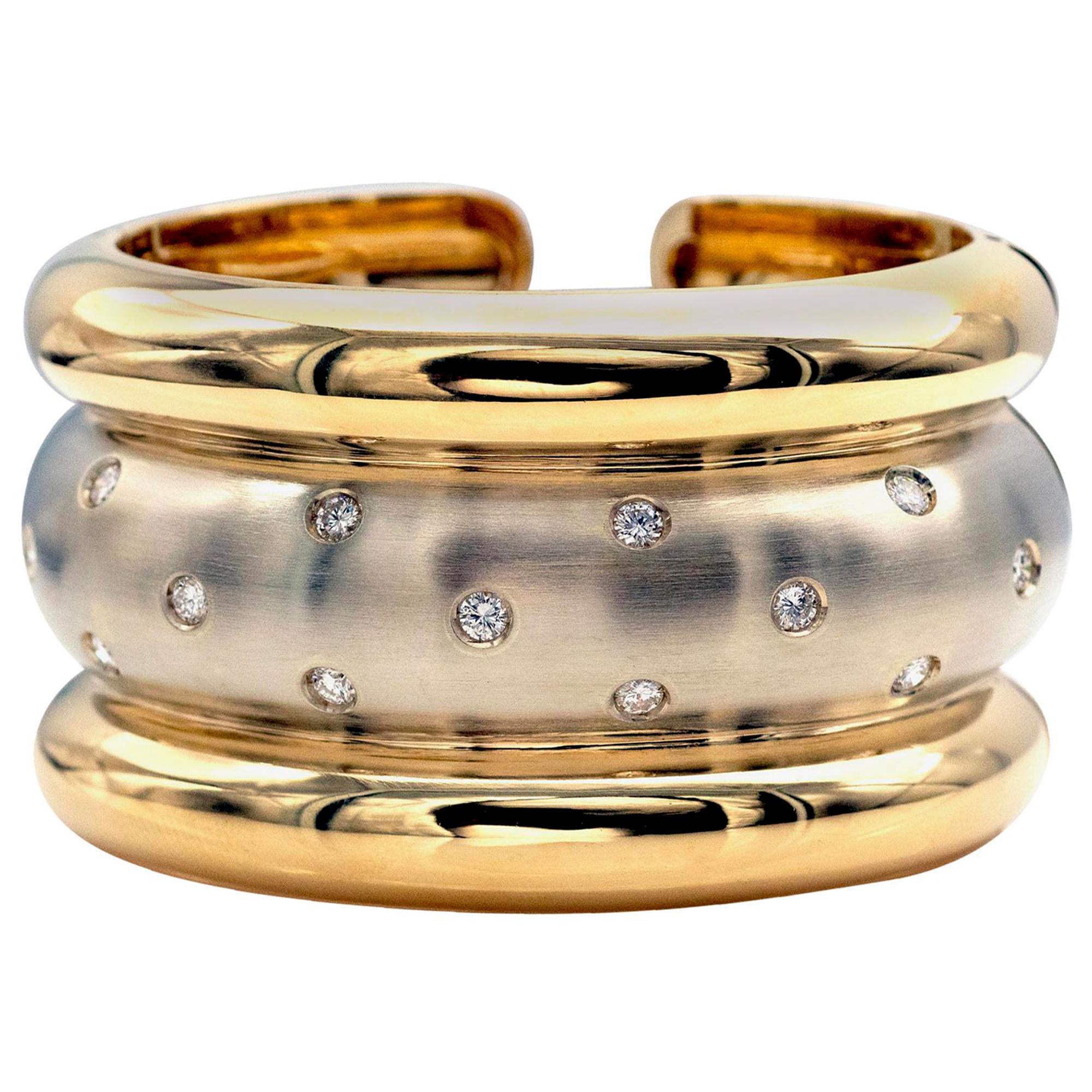 Italian Two-Tone 18k Gold Diamond Cuff Bracelet