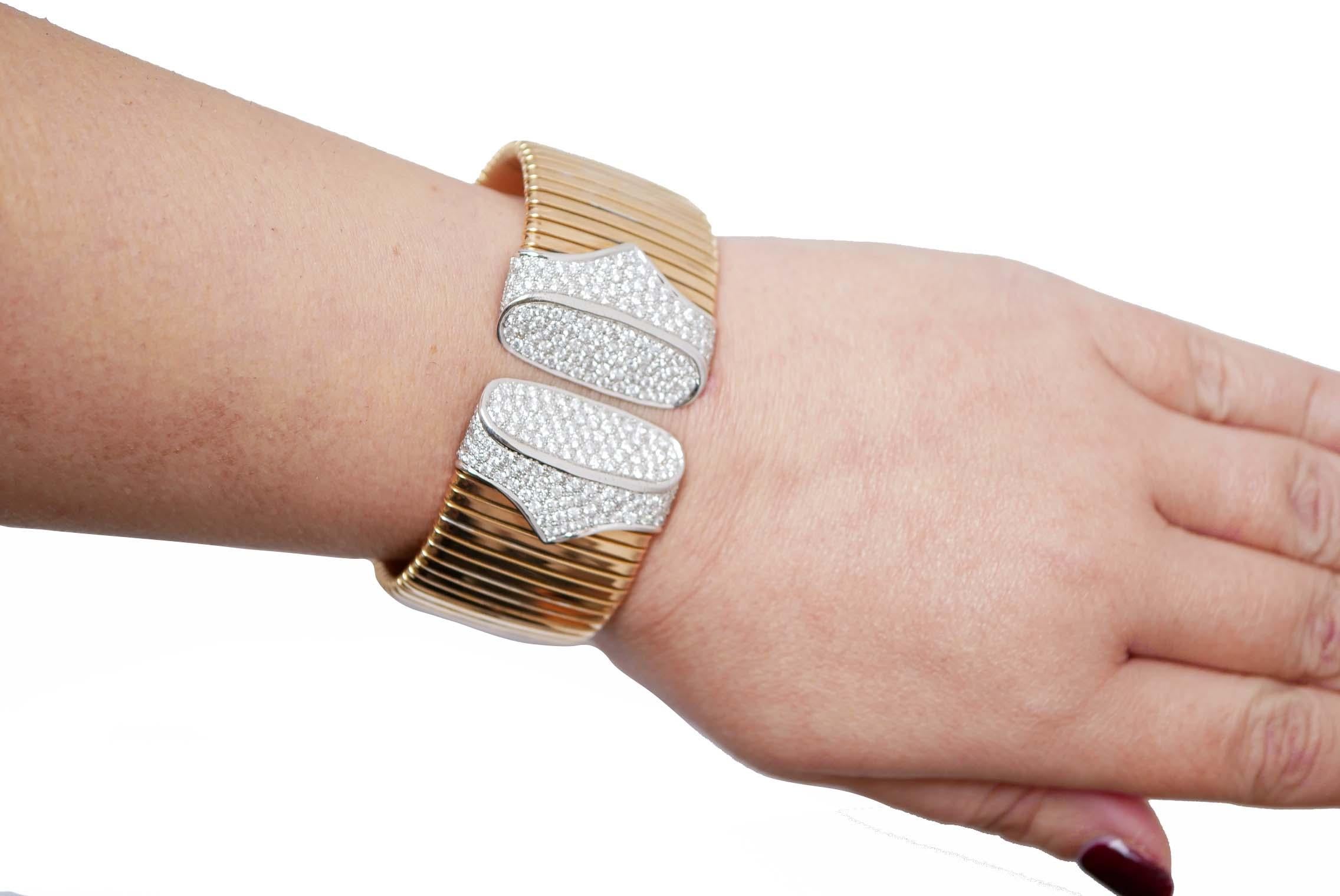 Brilliant Cut Diamonds, 18 Karat Rose Gold and White Gold TuboGas Bracelet. For Sale