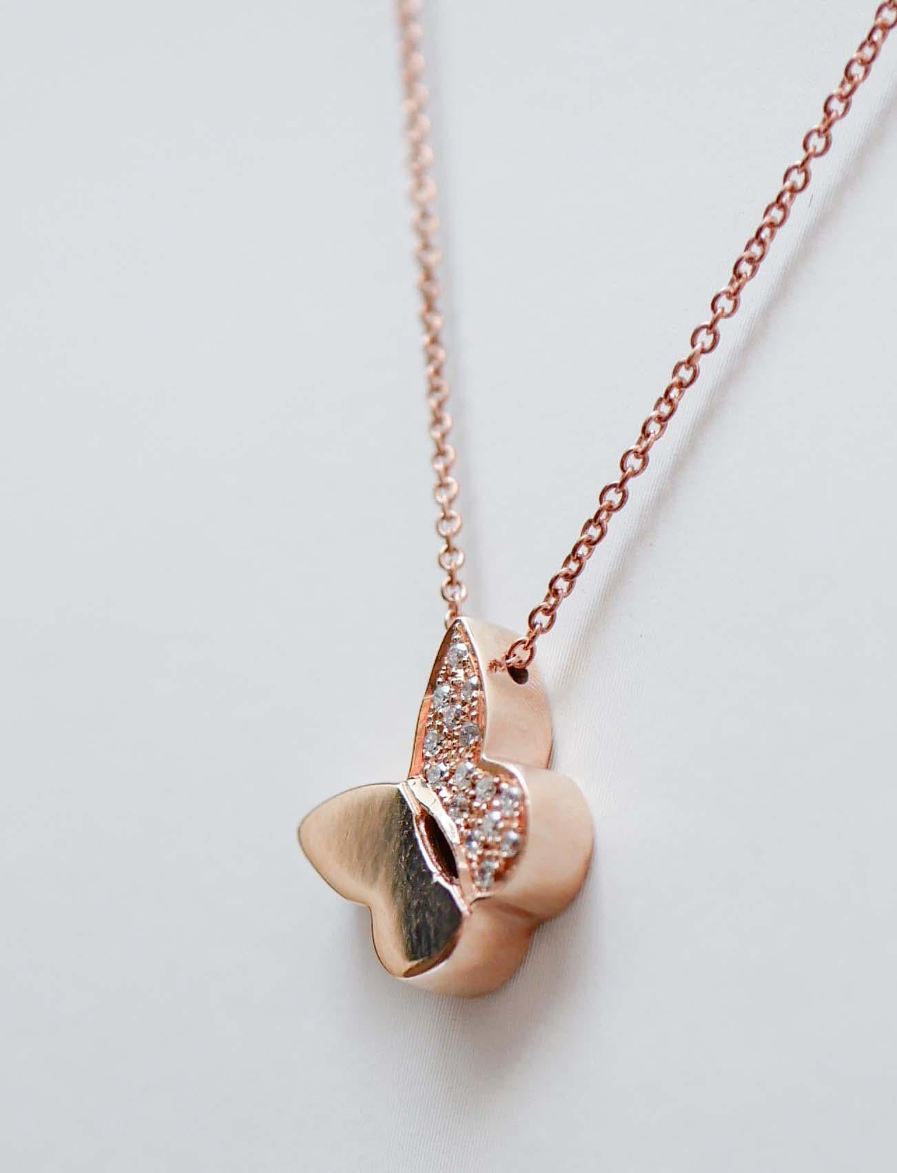 Modern Diamonds, 18 Karat Rose Gold Butterfly Pendant Necklace. For Sale