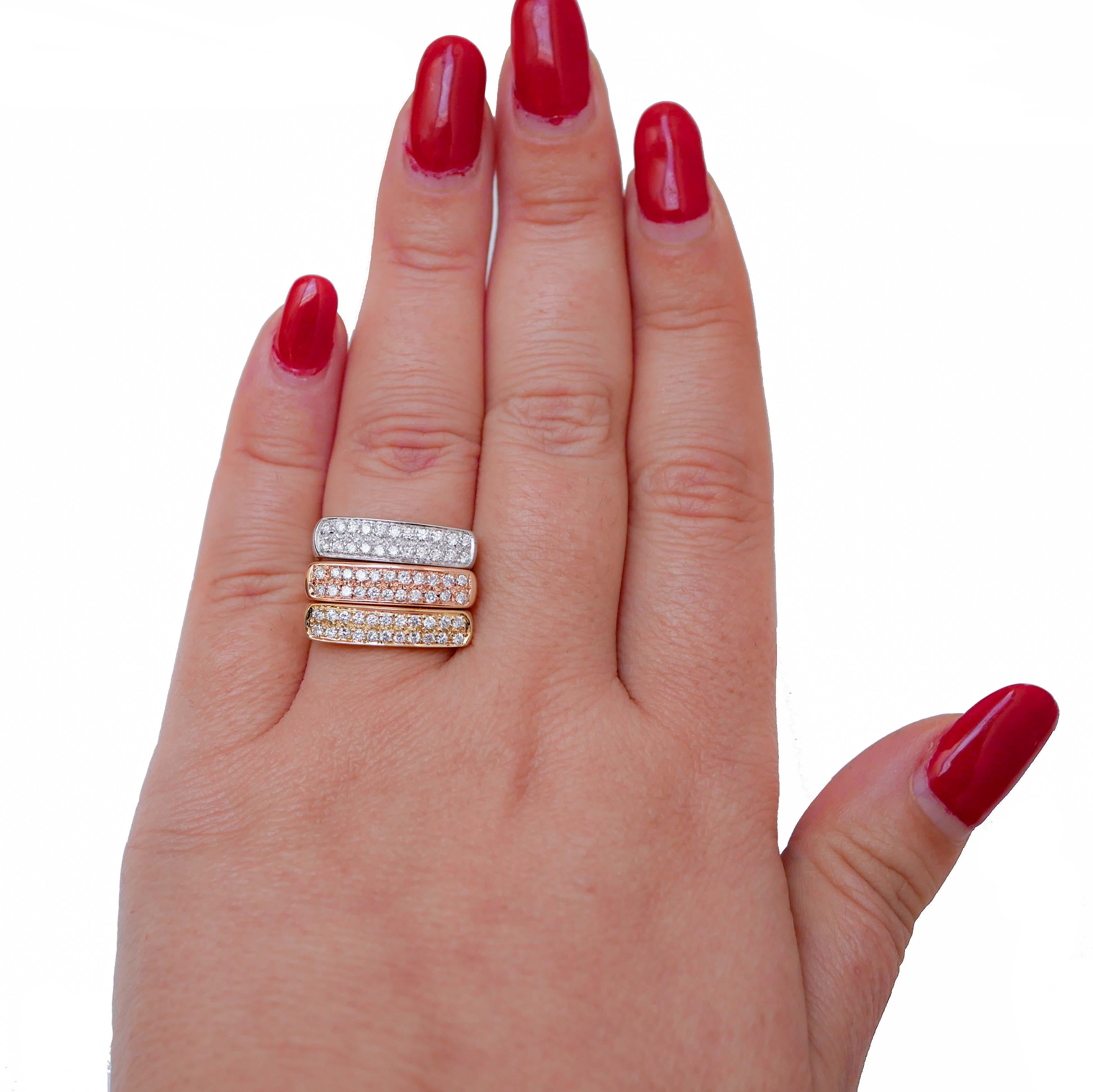Brilliant Cut Diamonds, 18 Karat Rose Gold, White Gold and Yellow Gold Rings.