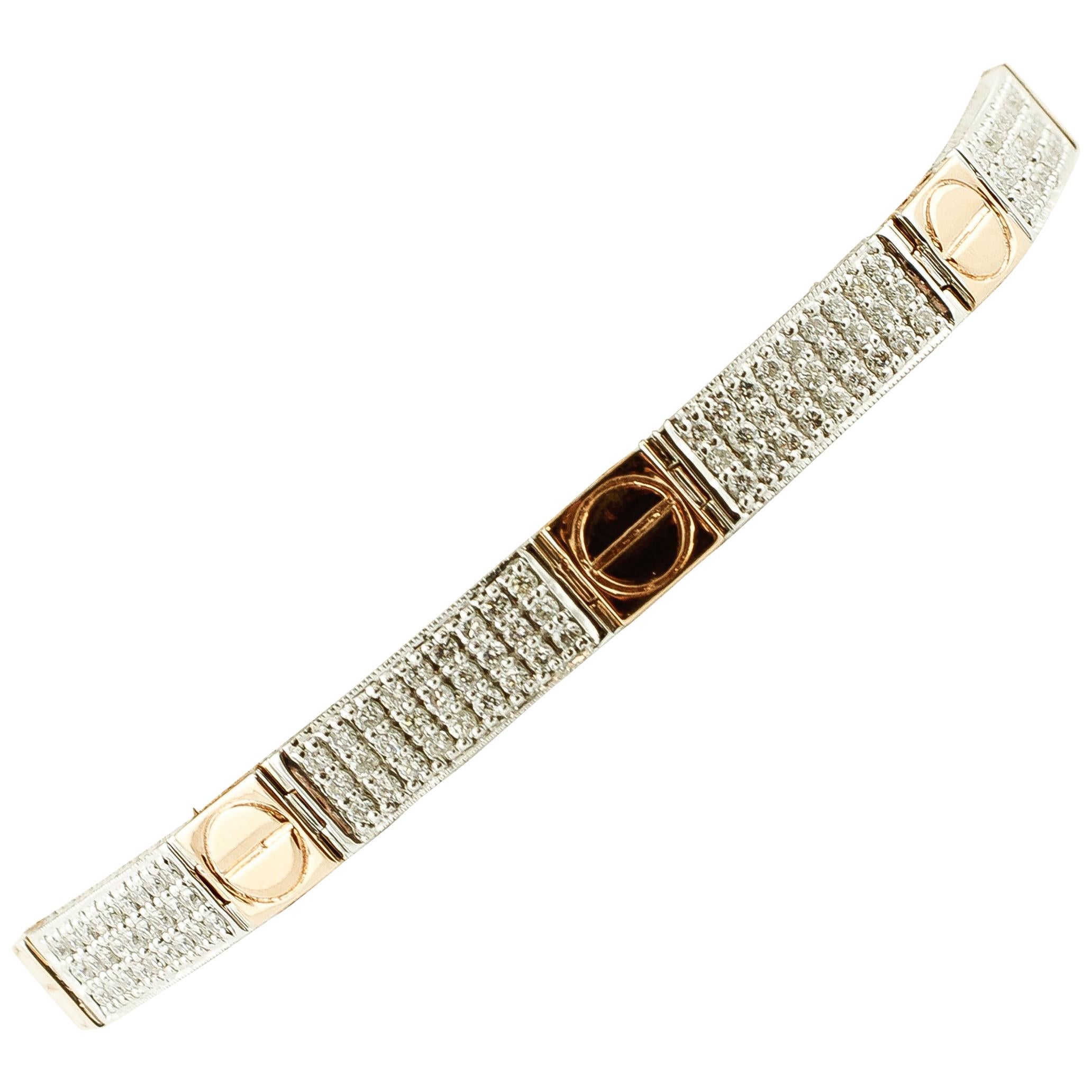 Diamonds, 18 Karat White and Rose Gold Band Bracelet For Sale