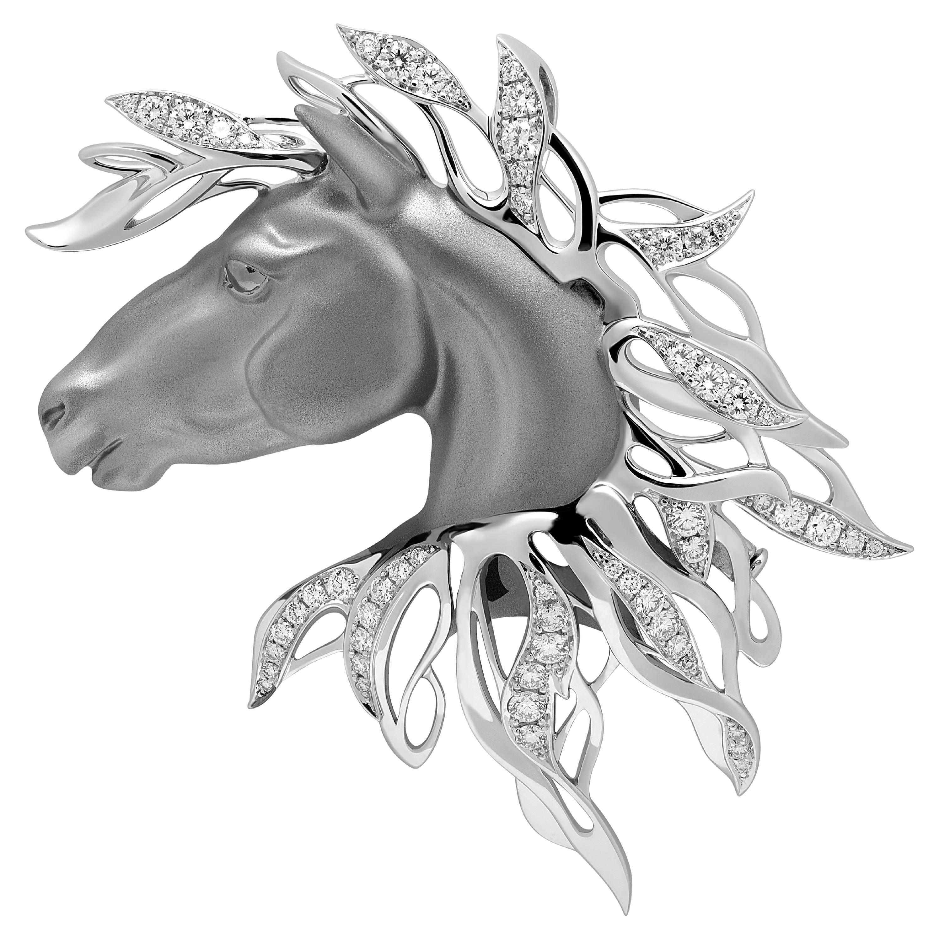 Diamonds 18 Karat White Black Gold Horse Head Brooch For Sale