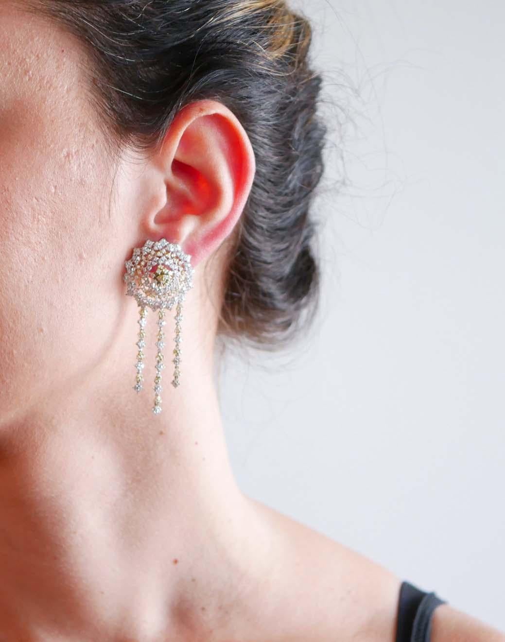 Brilliant Cut Diamonds, 18 Karat White Gold and Yellow Gold Earrings. For Sale