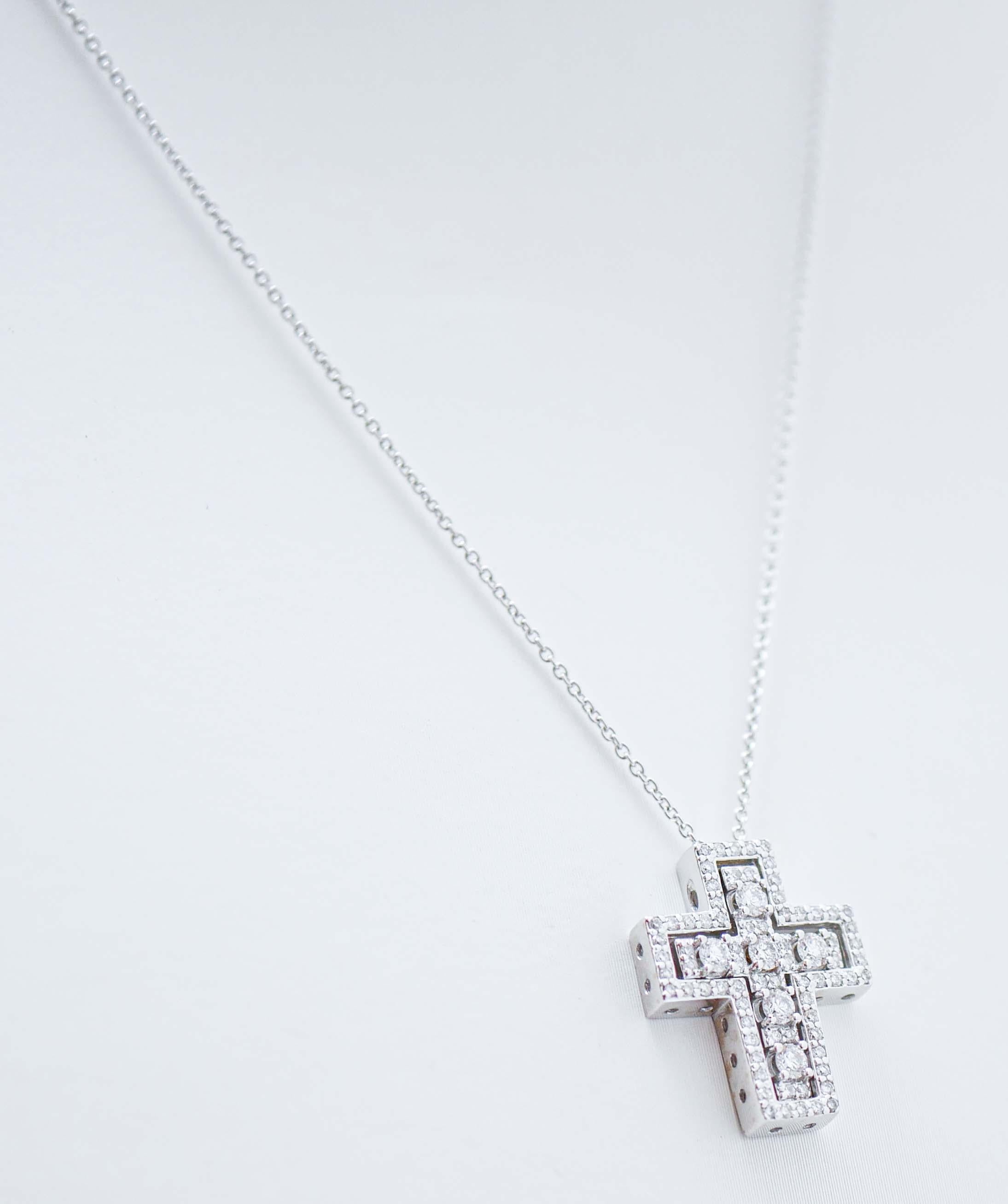 Modern Diamonds, 18 Karat White Gold Cross Pendant Necklace. For Sale