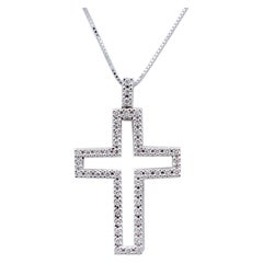 Vintage Diamonds, 18 Karat White Gold Cross Pendant Necklace