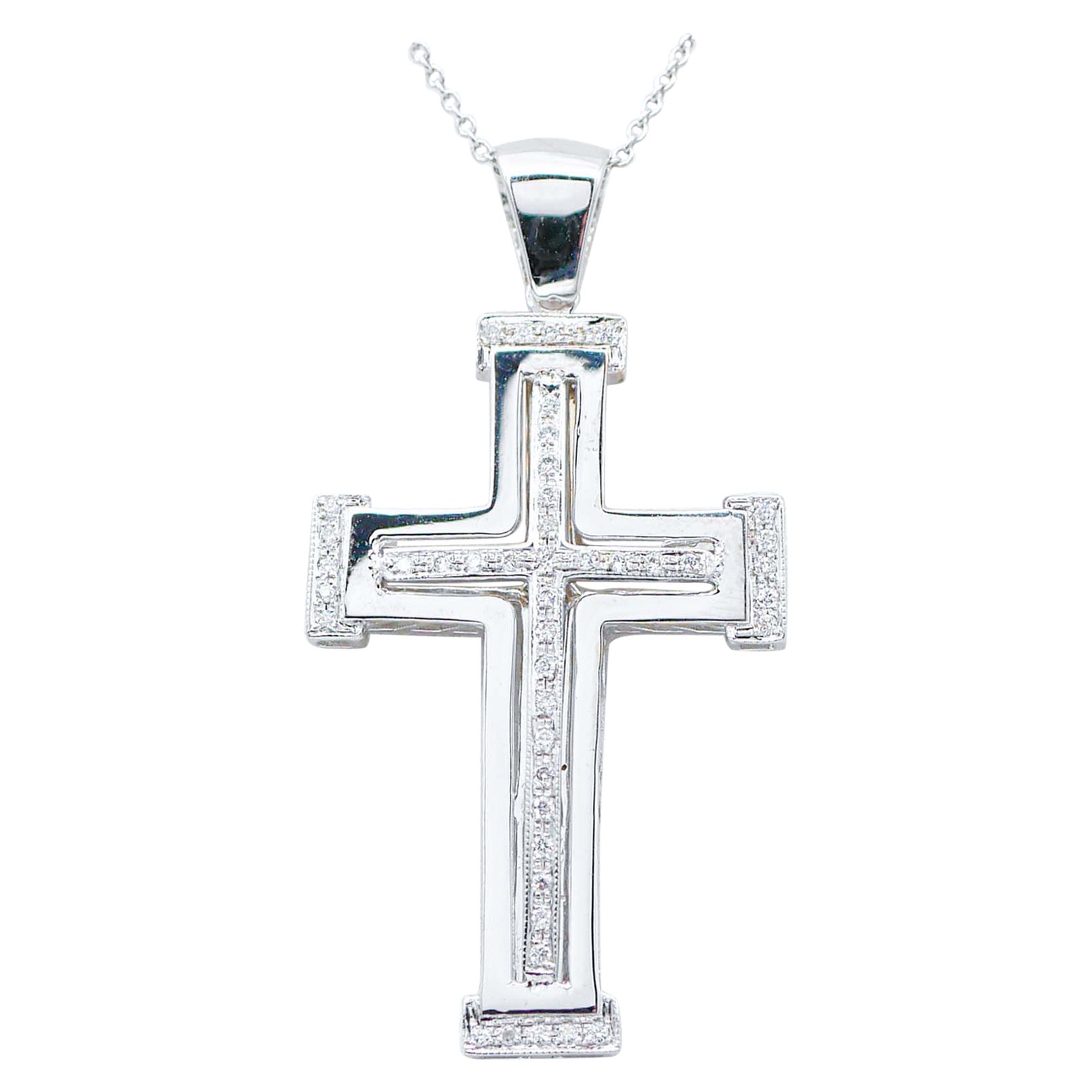 Collier pendentif croix en or blanc 18 carats, diamants