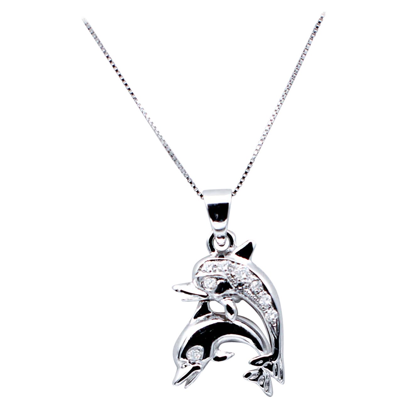 Collier  pendentif dauphins en or blanc 18 carats et diamants