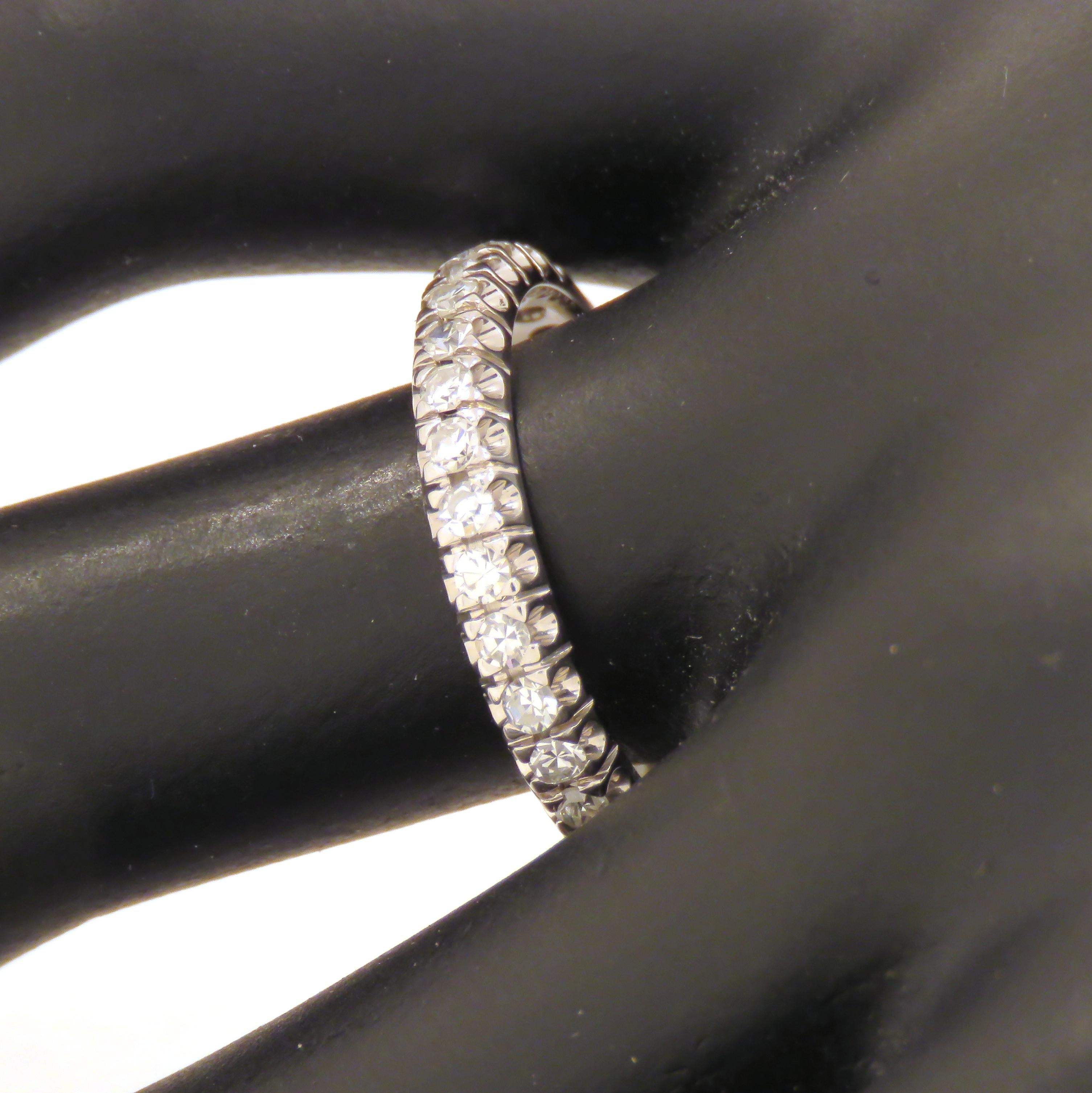 Wonderful, elegant and timeless, full eternity ring dating back to the 1960s', handcrafted in 18 karat white gold with 30 brilliant cut diamonds  weighing 0.90 ctw circa totally. US finger size is 8.5 , French size is 58, Italian size is