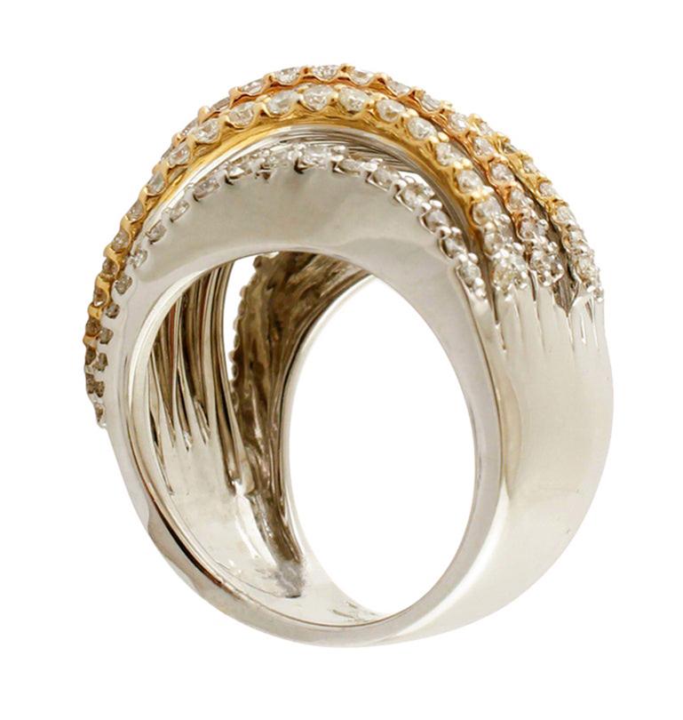 Round Cut Diamonds, 18 Karat White, Rose and Yellow Gold Band Ring For Sale