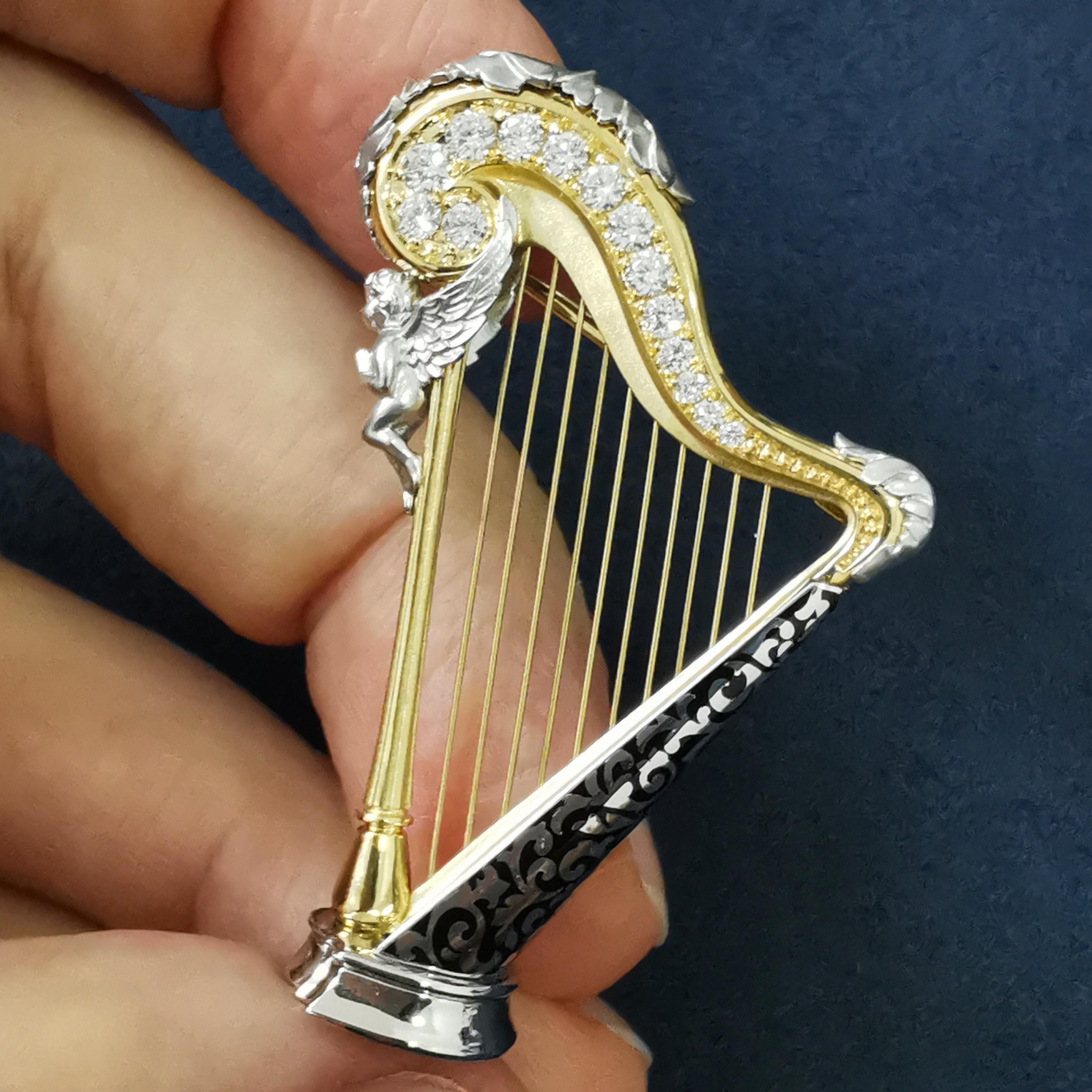 Contemporary Diamonds 18 Karat White Yellow Gold Harp Brooch For Sale