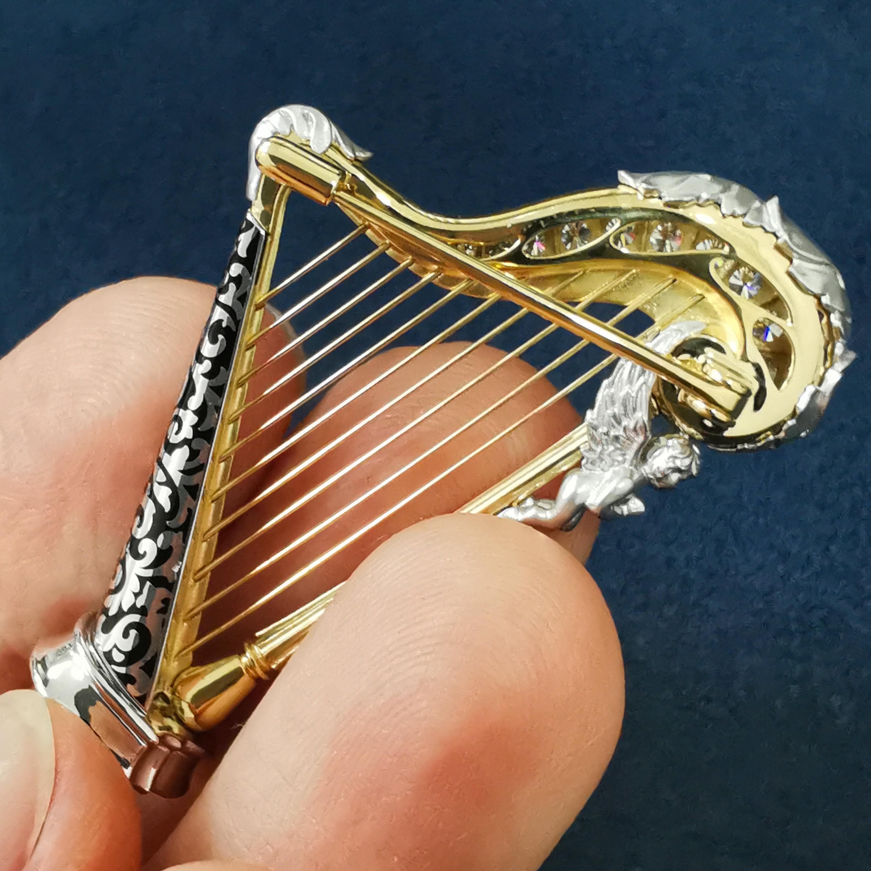 Diamonds 18 Karat White Yellow Gold Harp Brooch For Sale 2