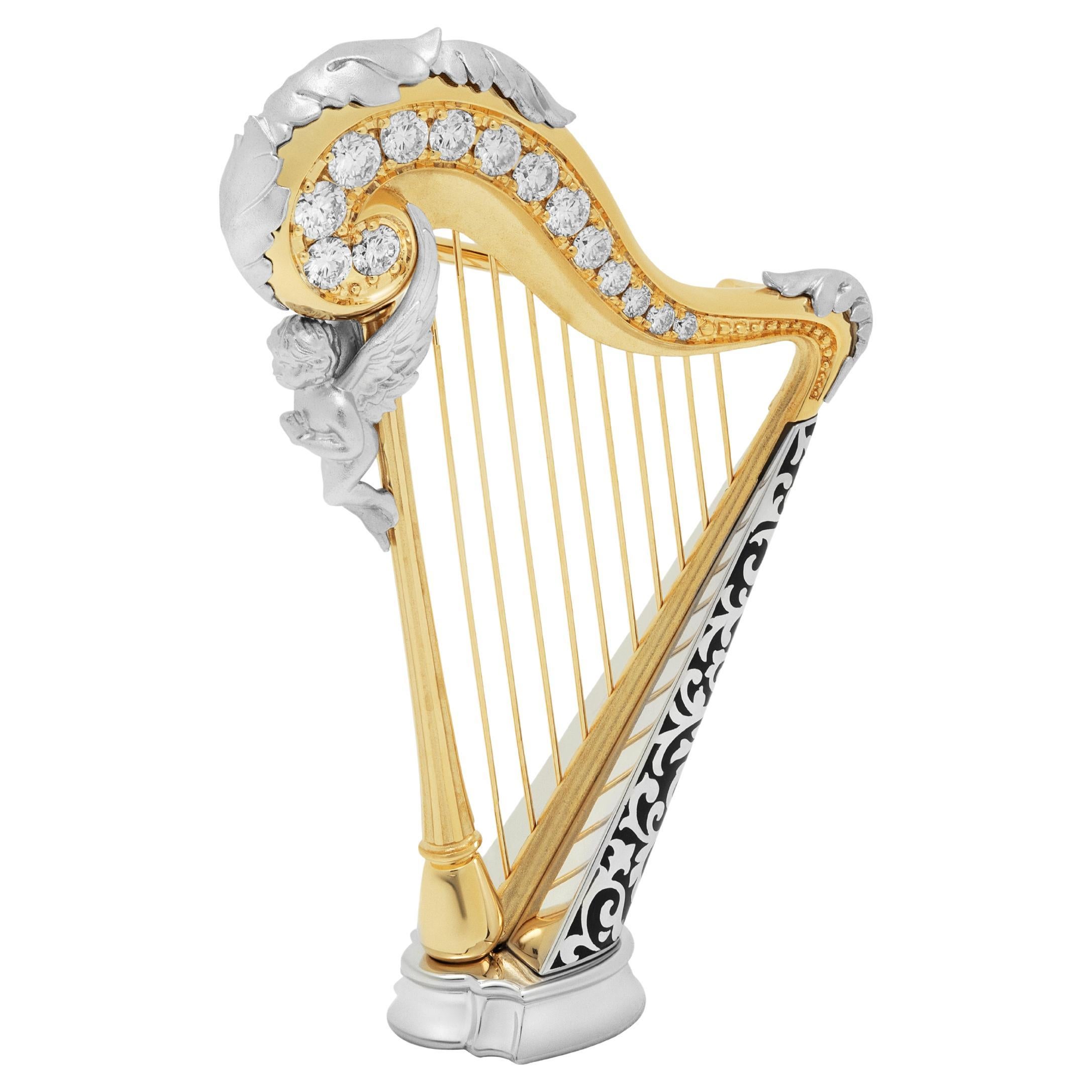 Diamonds 18 Karat White Yellow Gold Harp Brooch For Sale