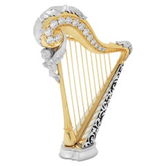 Used Diamonds 18 Karat White Yellow Gold Harp Brooch