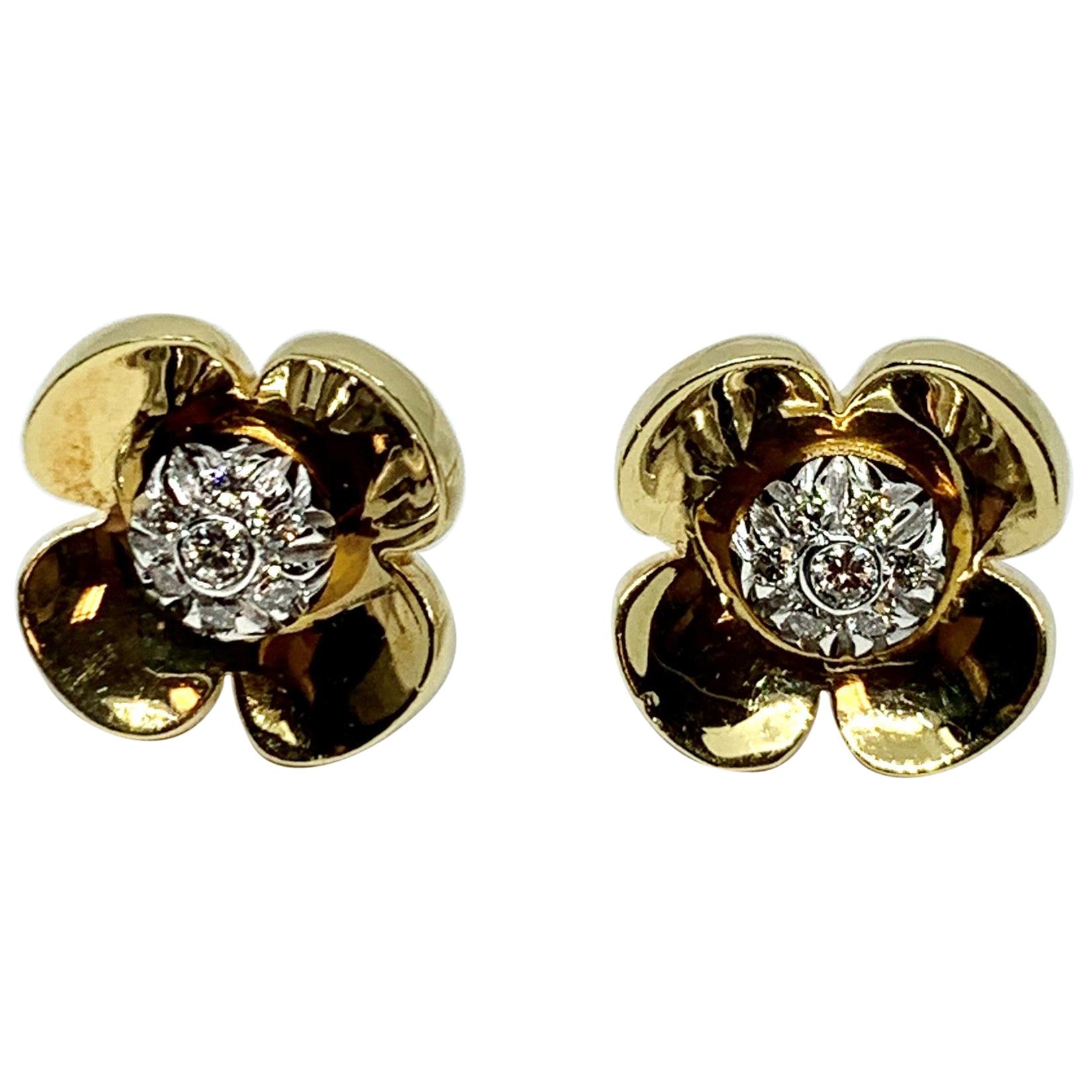 Diamonds 18 Karat Yellow and White Gold Flower Earrings