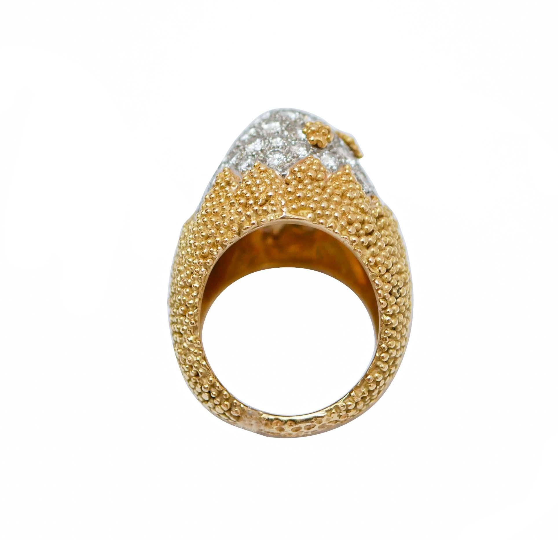 Retro Diamonds, 18 Karat Yellow Gold and White Gold Dome Ring.