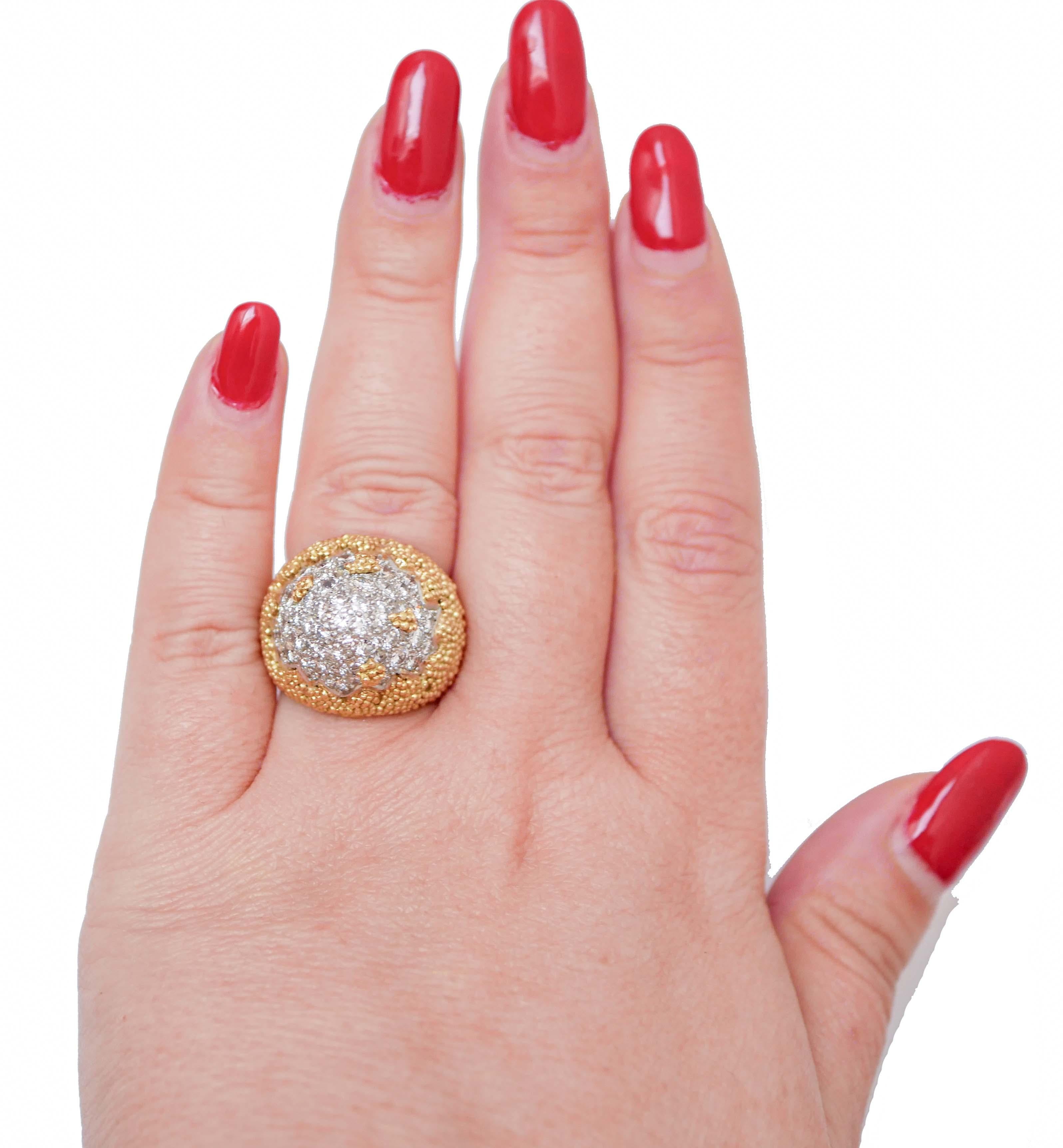 Brilliant Cut Diamonds, 18 Karat Yellow Gold and White Gold Dome Ring.