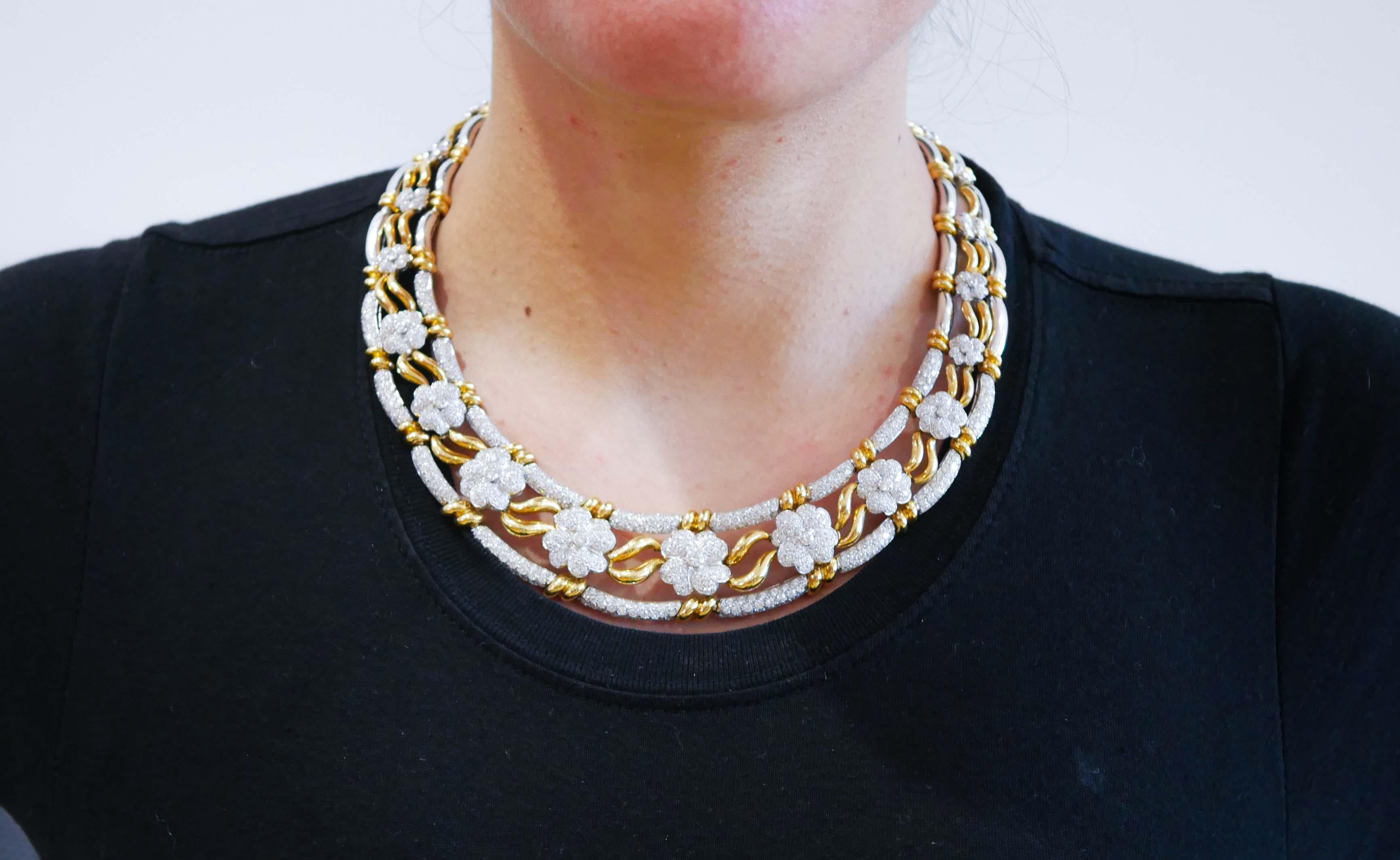 Halskette aus Diamanten, 18 Karat Gelbgold und Weißgold. (Brillantschliff) im Angebot