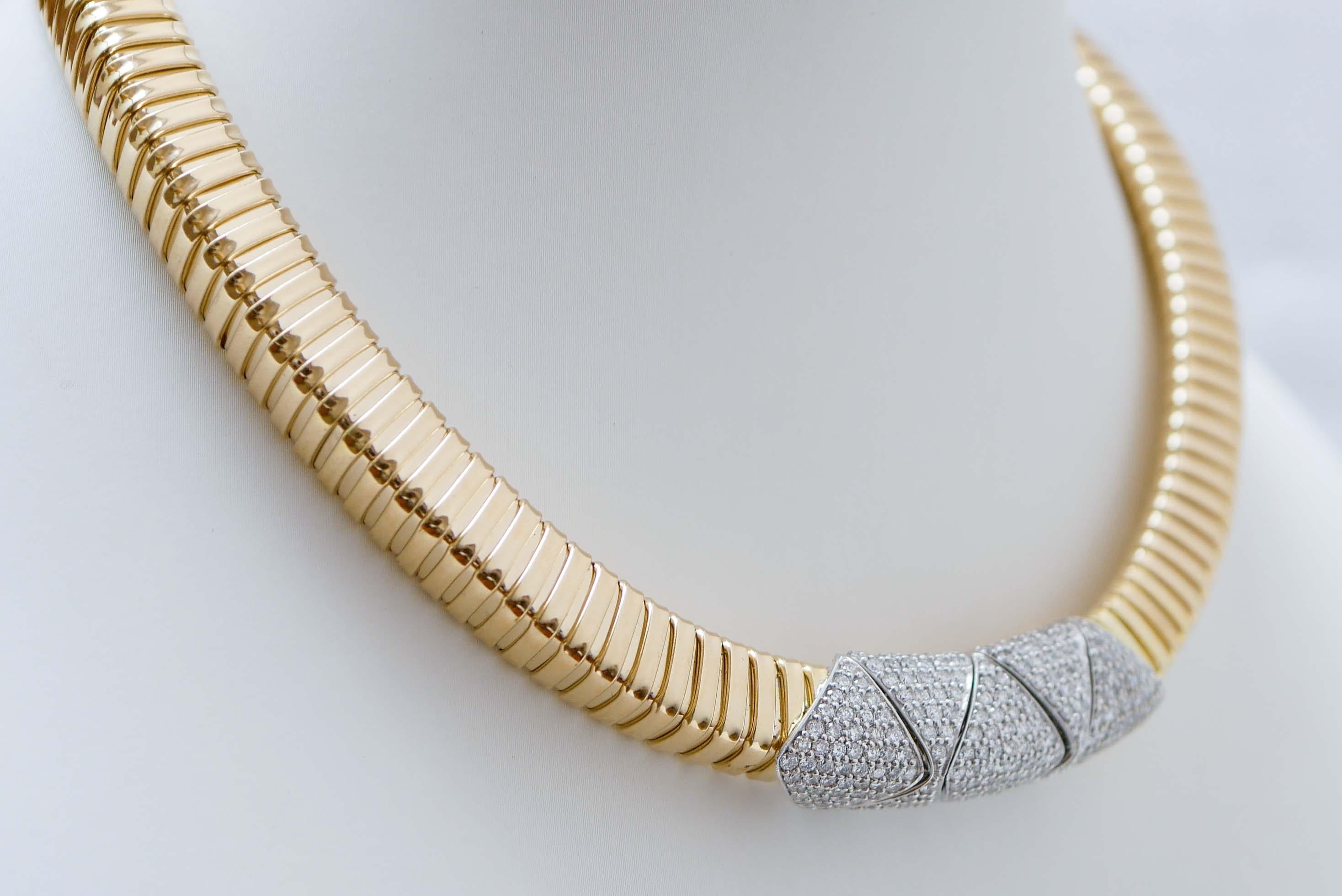 Tubogas-Halskette aus Diamanten, 18 Karat Gelbgold und Weißgold. (Retro)