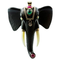 Diamonds 18 Karat Yellow Gold Brooch and Pendant Elephant with Emeralds Rubies