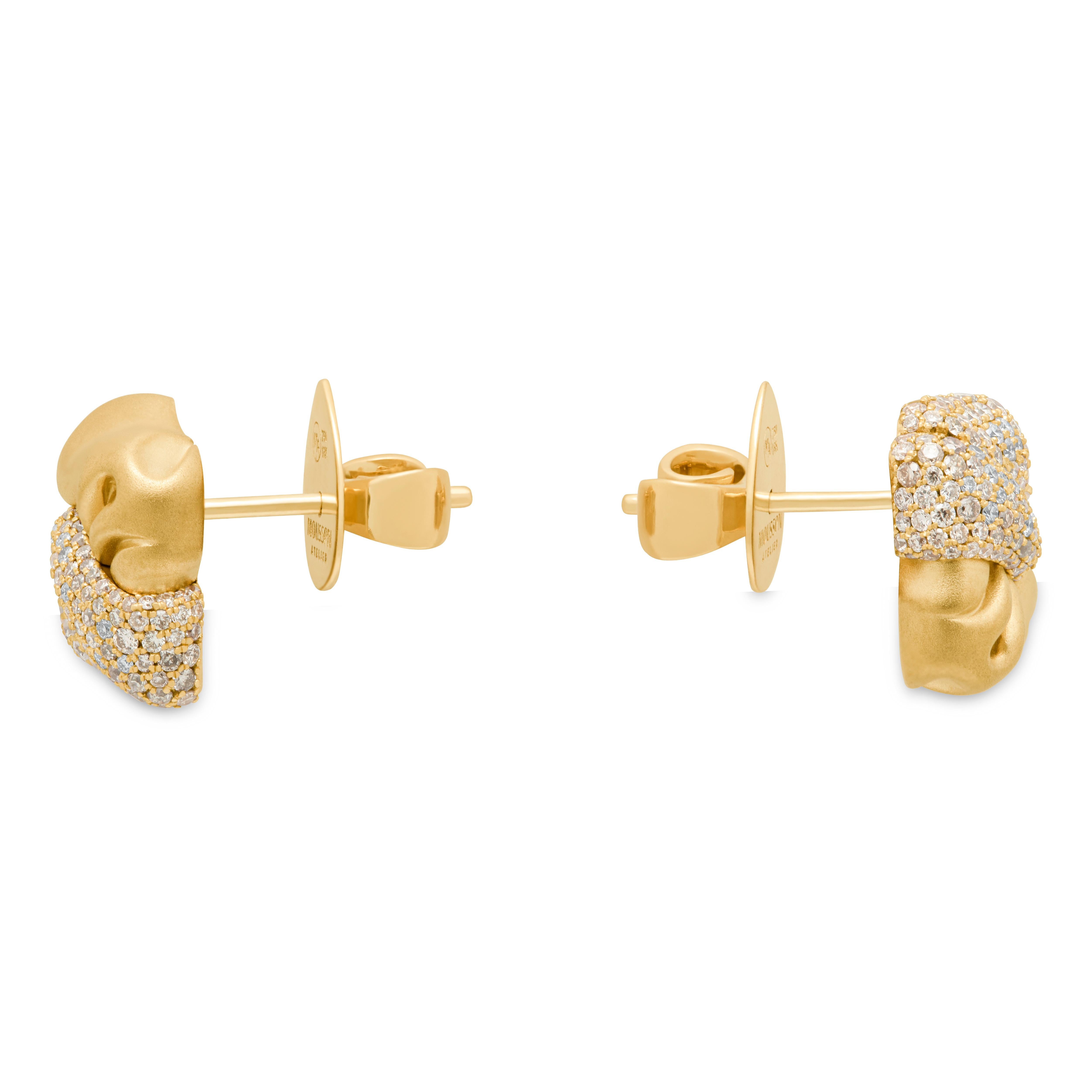 Diamonds, Champagne Diamonds 18 Karat Yellow Gold Stud Earrings

Crafted with a sense of energy and movement, our Silk Earrings capture the essence of crumpled fabric. Half of the Studs are formed from 18K Matte Yellow Gold, while the other is