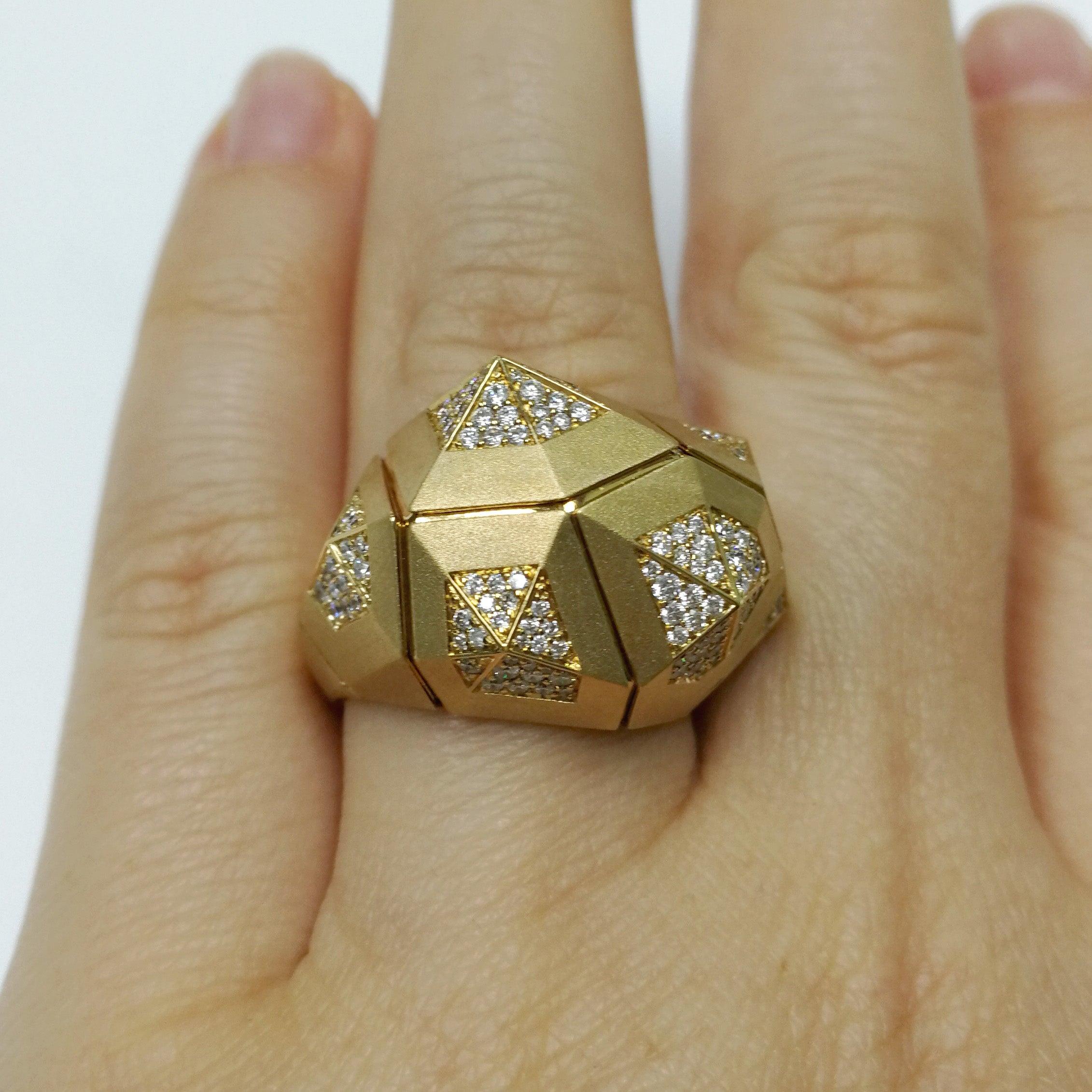 For Sale:  Diamonds 18 Karat Yellow Matte Gold Geometry Big Ring 10