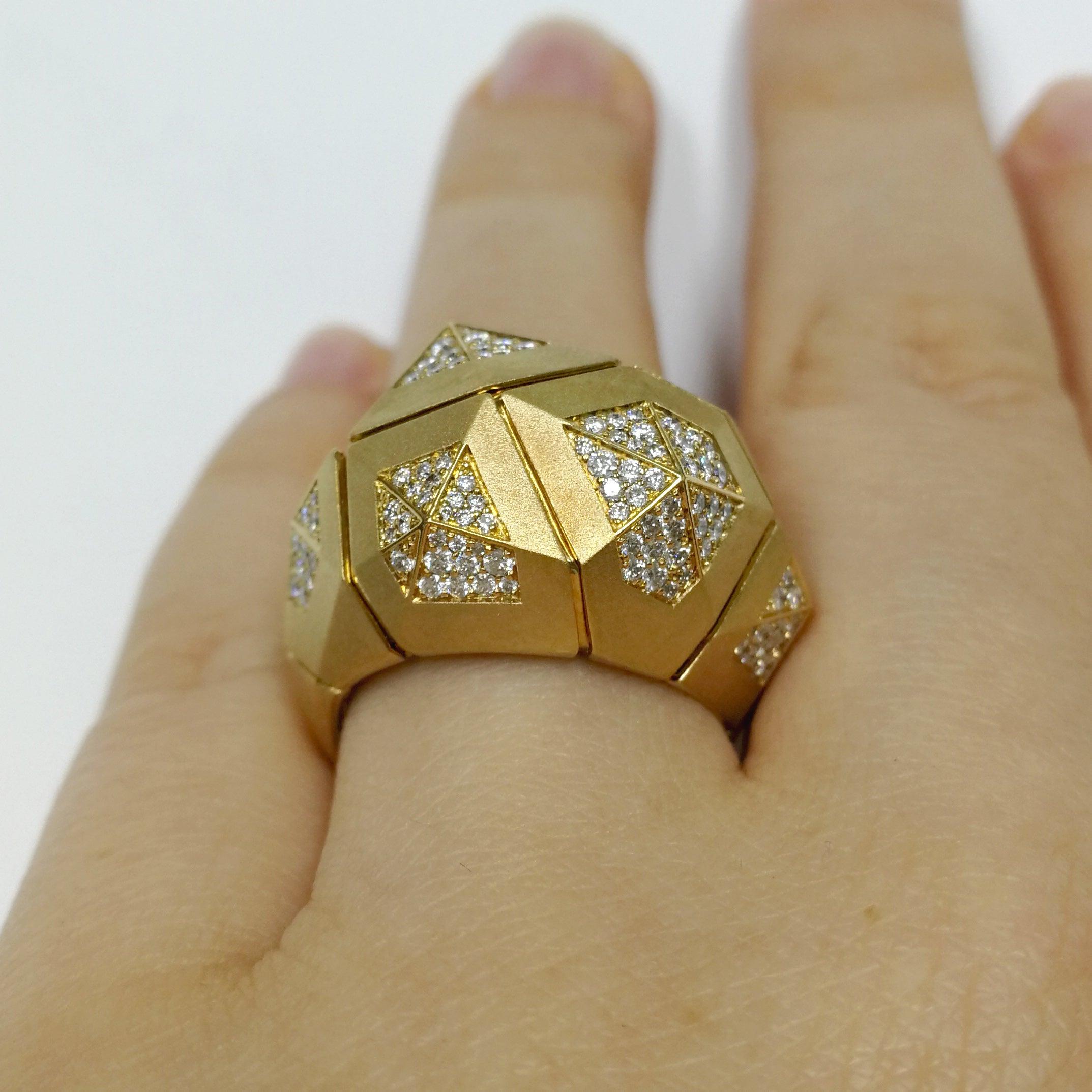 For Sale:  Diamonds 18 Karat Yellow Matte Gold Geometry Big Ring 11