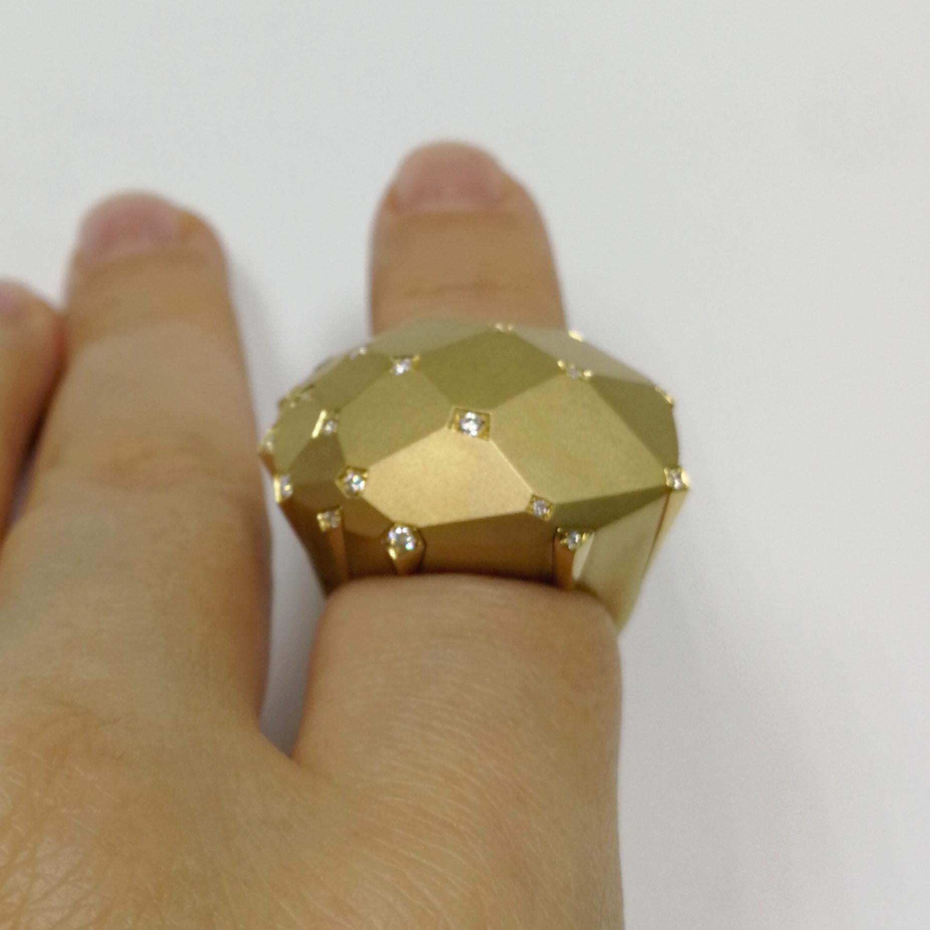 Diamonds 18 Karat Yellow Matte Gold Geometry Big Ring For Sale 2