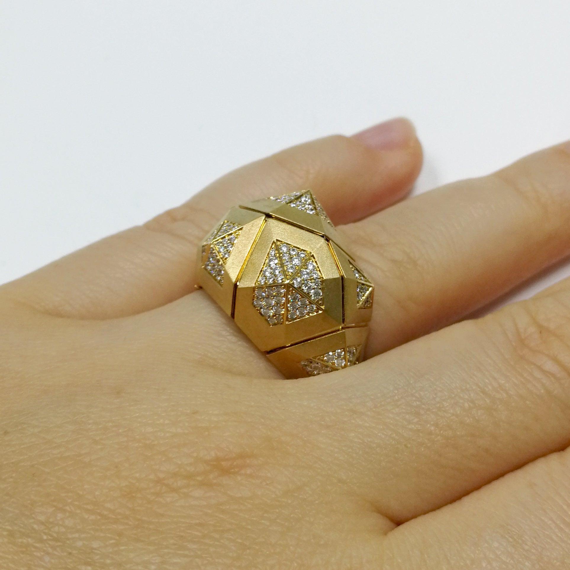 For Sale:  Diamonds 18 Karat Yellow Matte Gold Geometry Big Ring 12