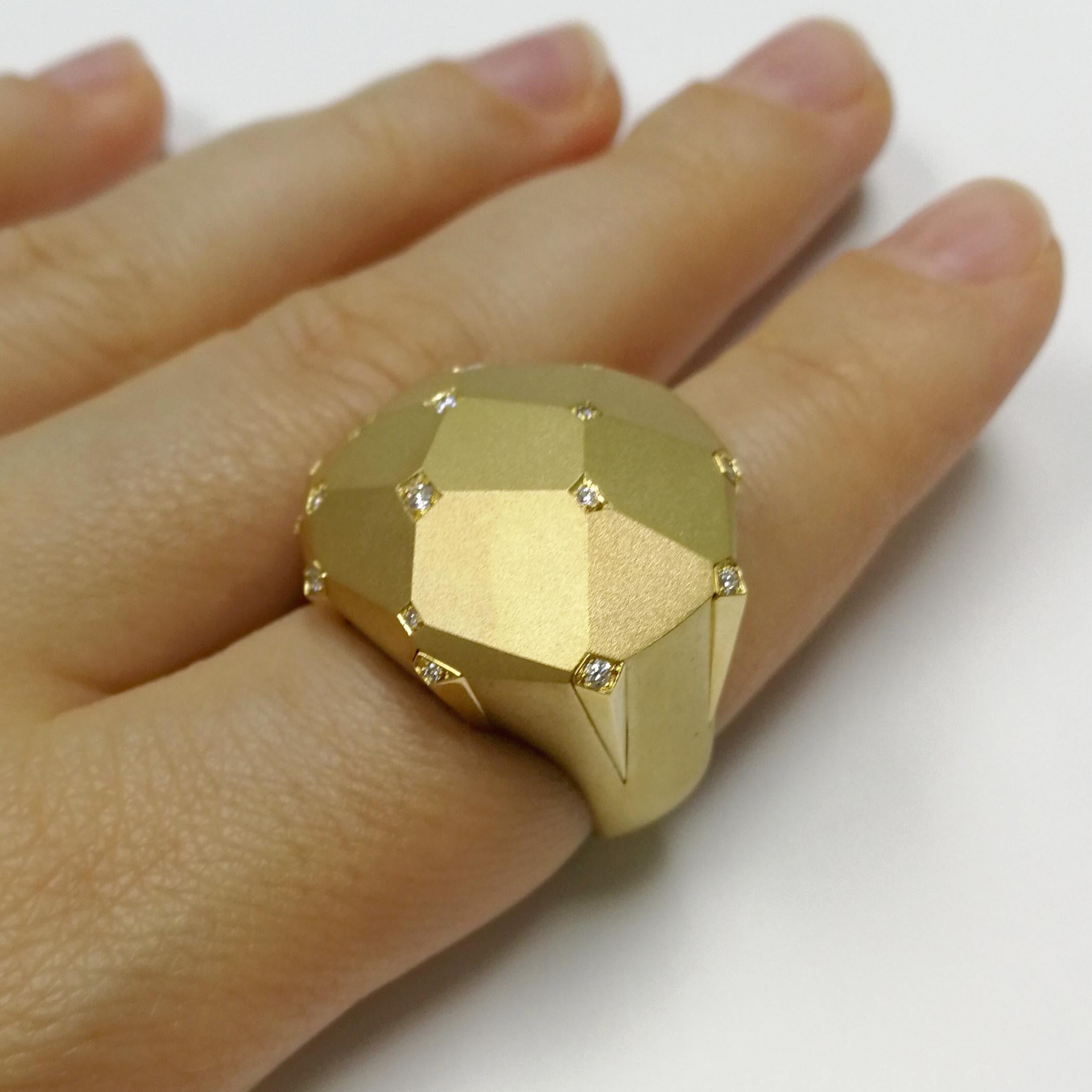 Diamonds 18 Karat Yellow Matte Gold Geometry Big Ring For Sale 3