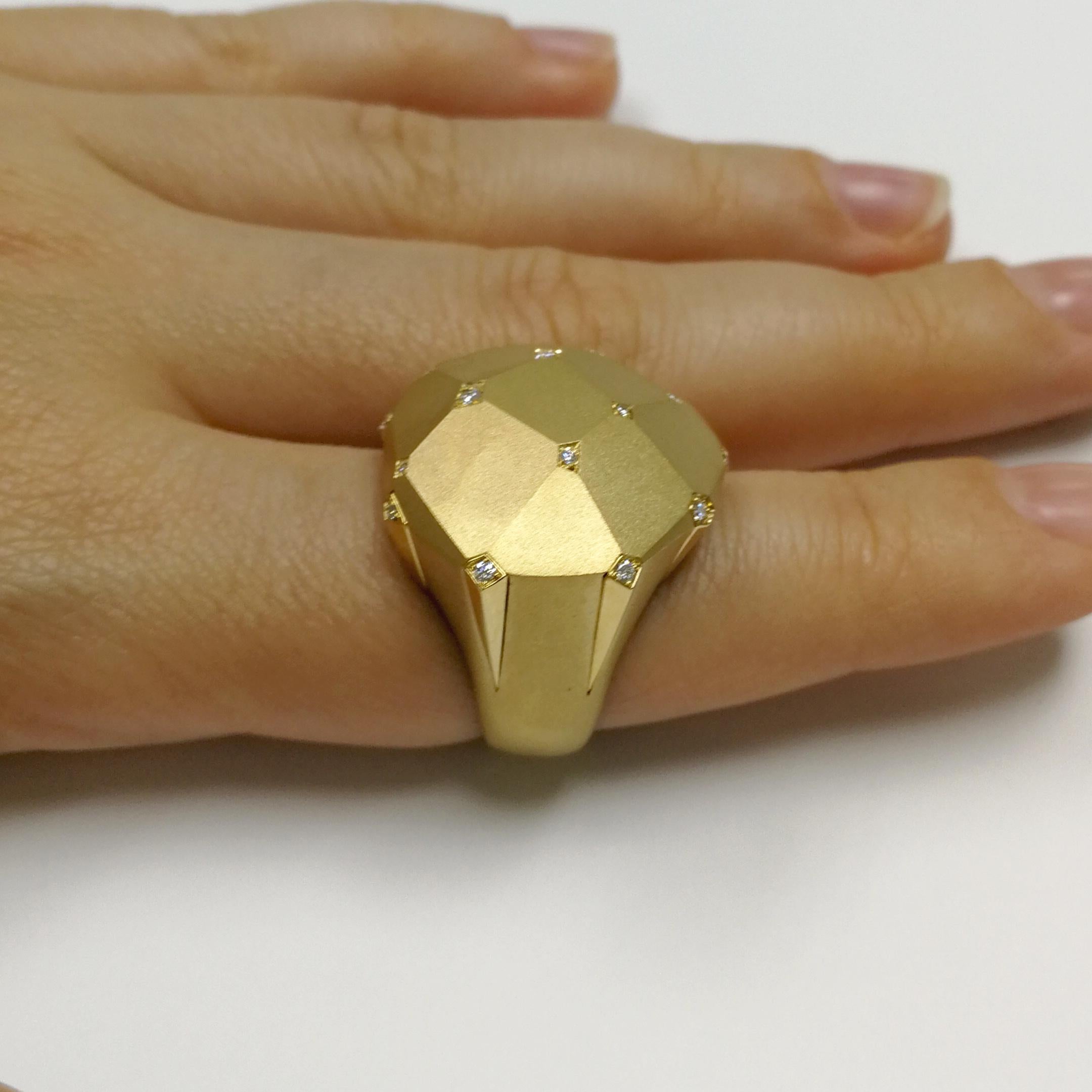 Diamonds 18 Karat Yellow Matte Gold Geometry Big Ring For Sale 4