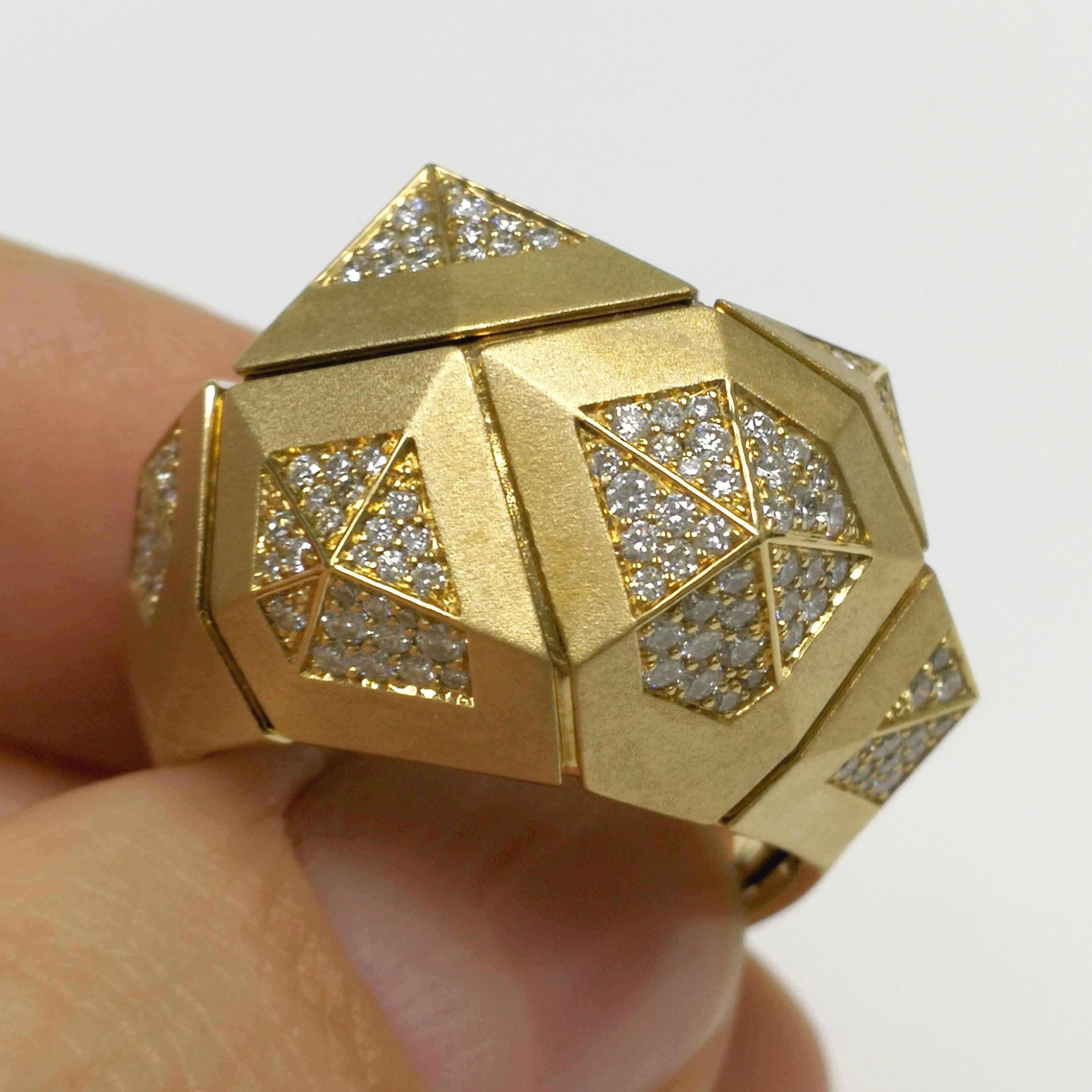 For Sale:  Diamonds 18 Karat Yellow Matte Gold Geometry Big Ring 4