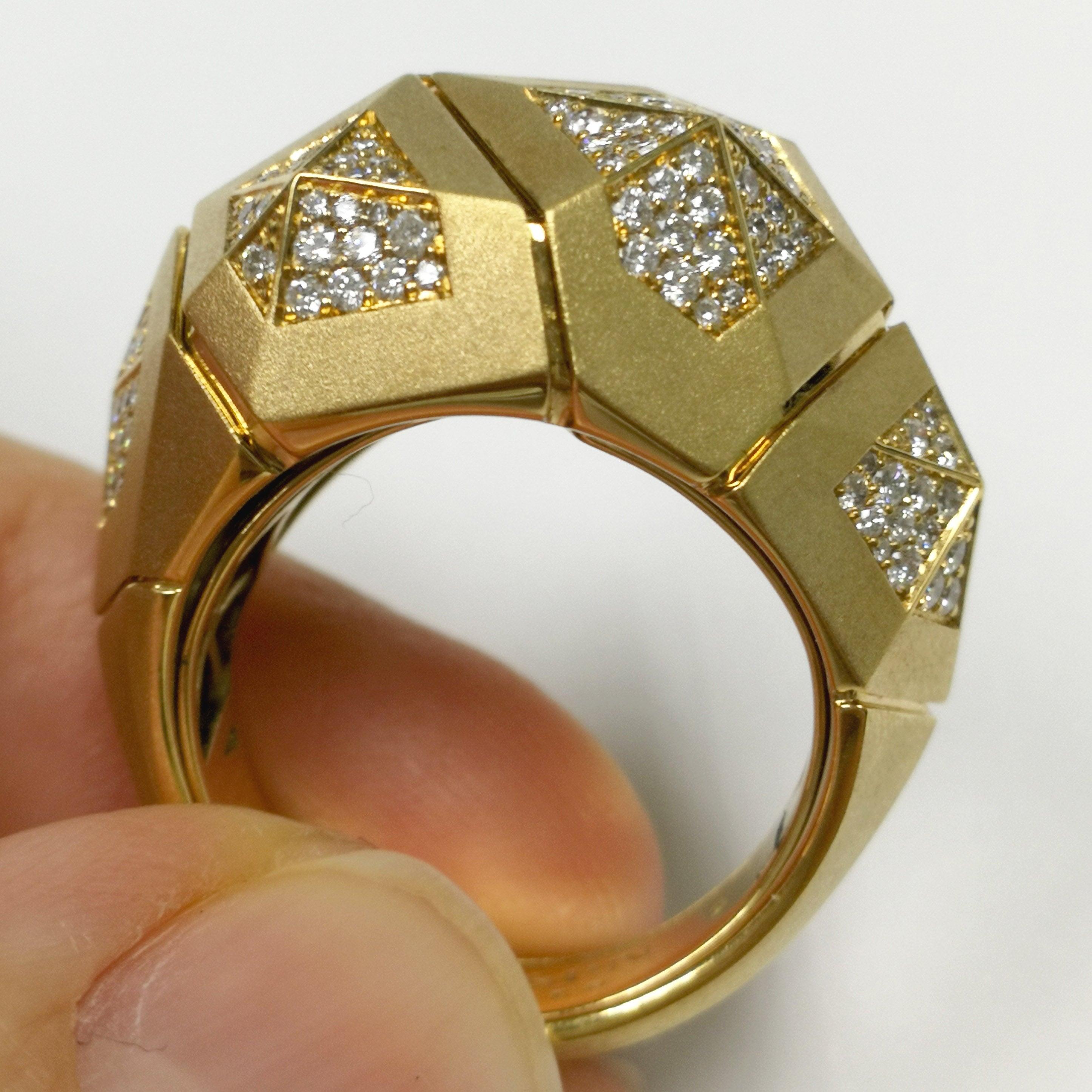 For Sale:  Diamonds 18 Karat Yellow Matte Gold Geometry Big Ring 5