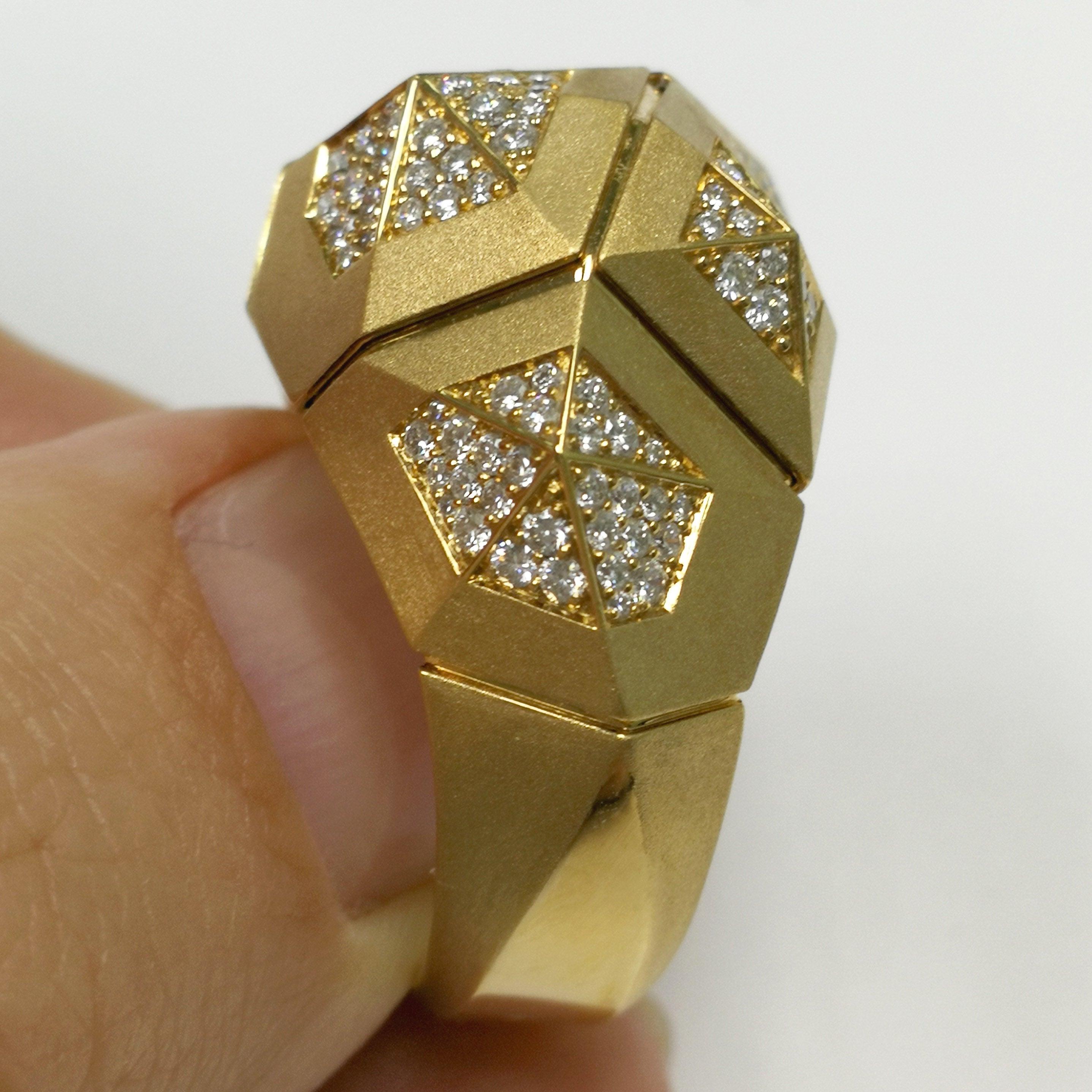 For Sale:  Diamonds 18 Karat Yellow Matte Gold Geometry Big Ring 7