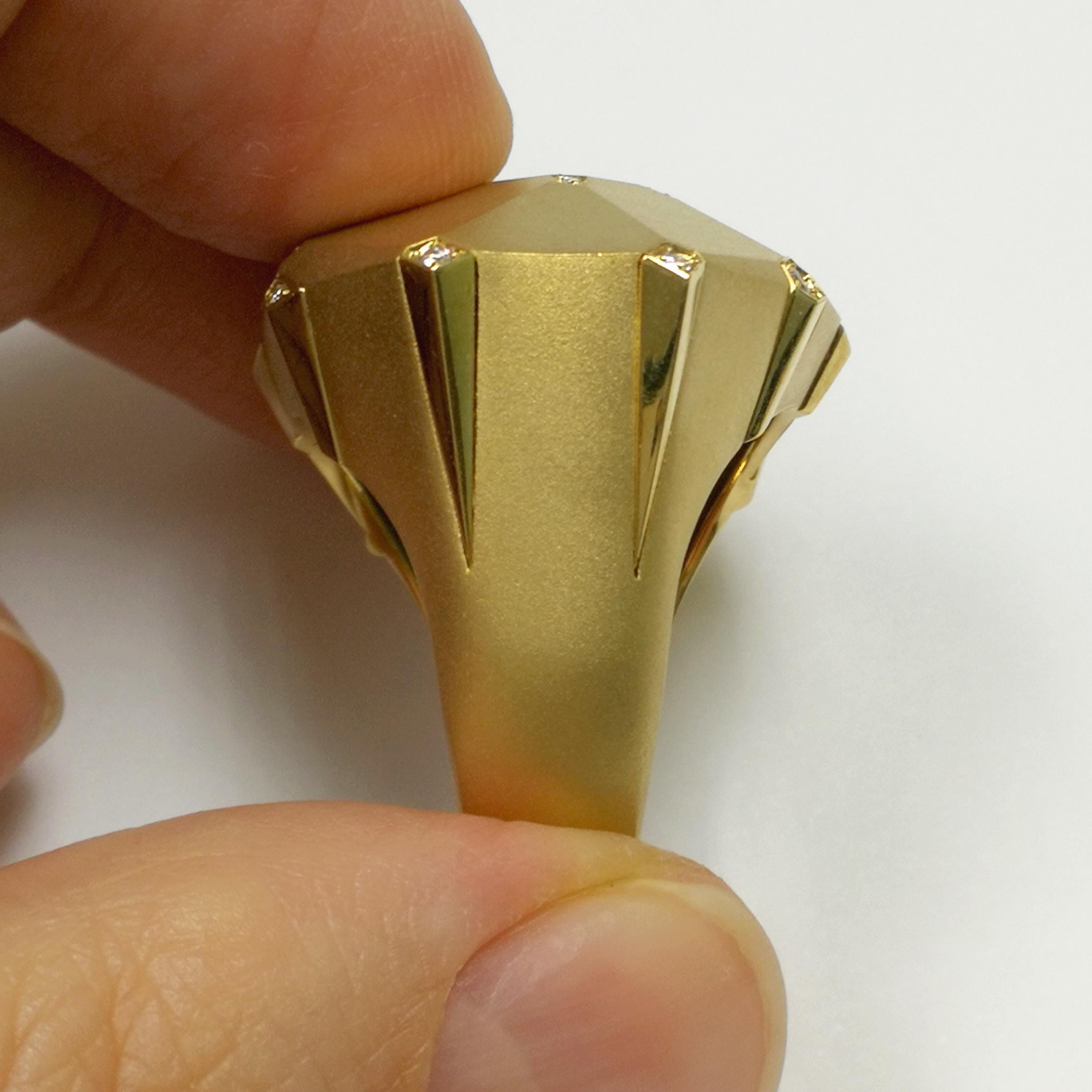 Round Cut Diamonds 18 Karat Yellow Matte Gold Geometry Big Ring For Sale