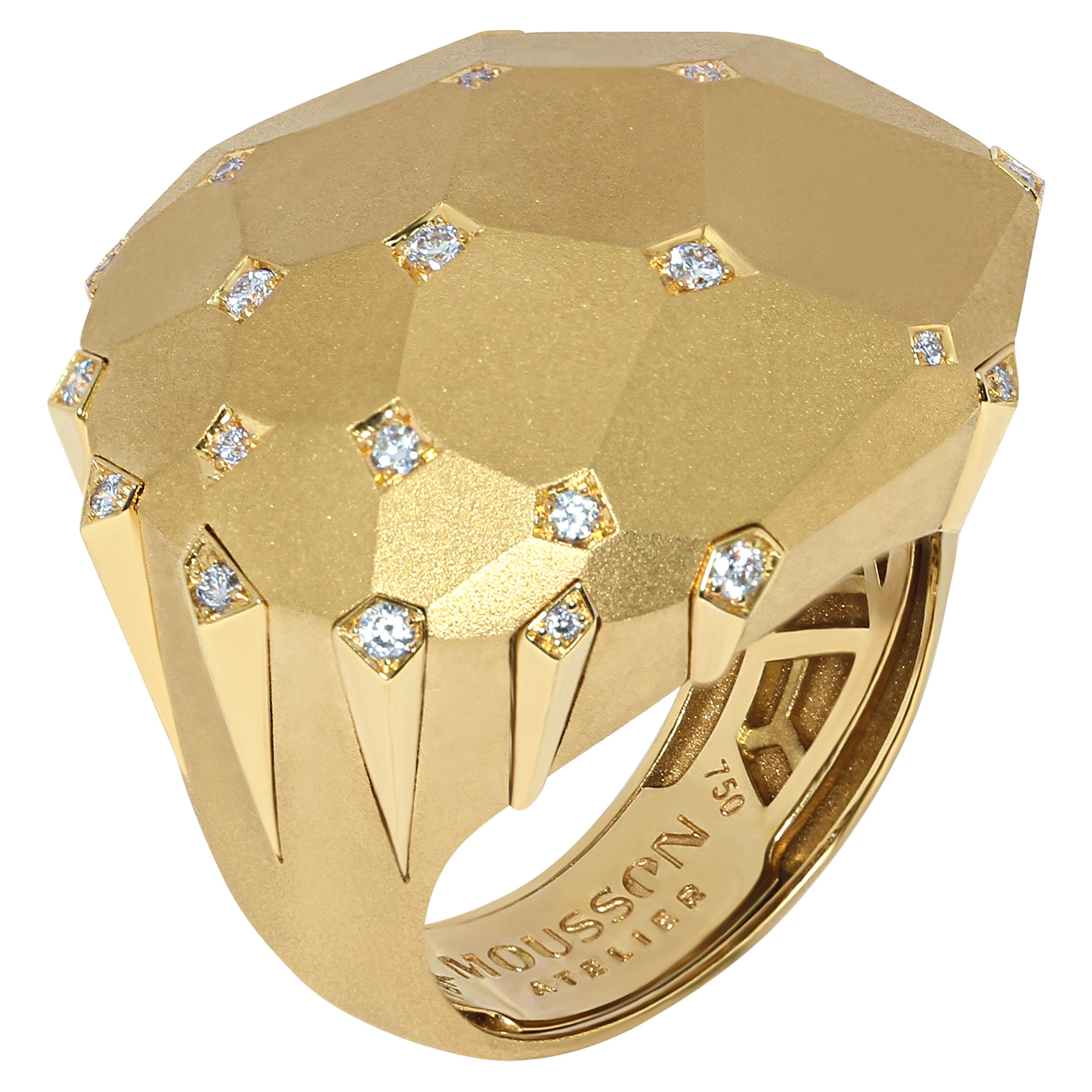 Diamonds 18 Karat Yellow Matte Gold Geometry Big Ring For Sale
