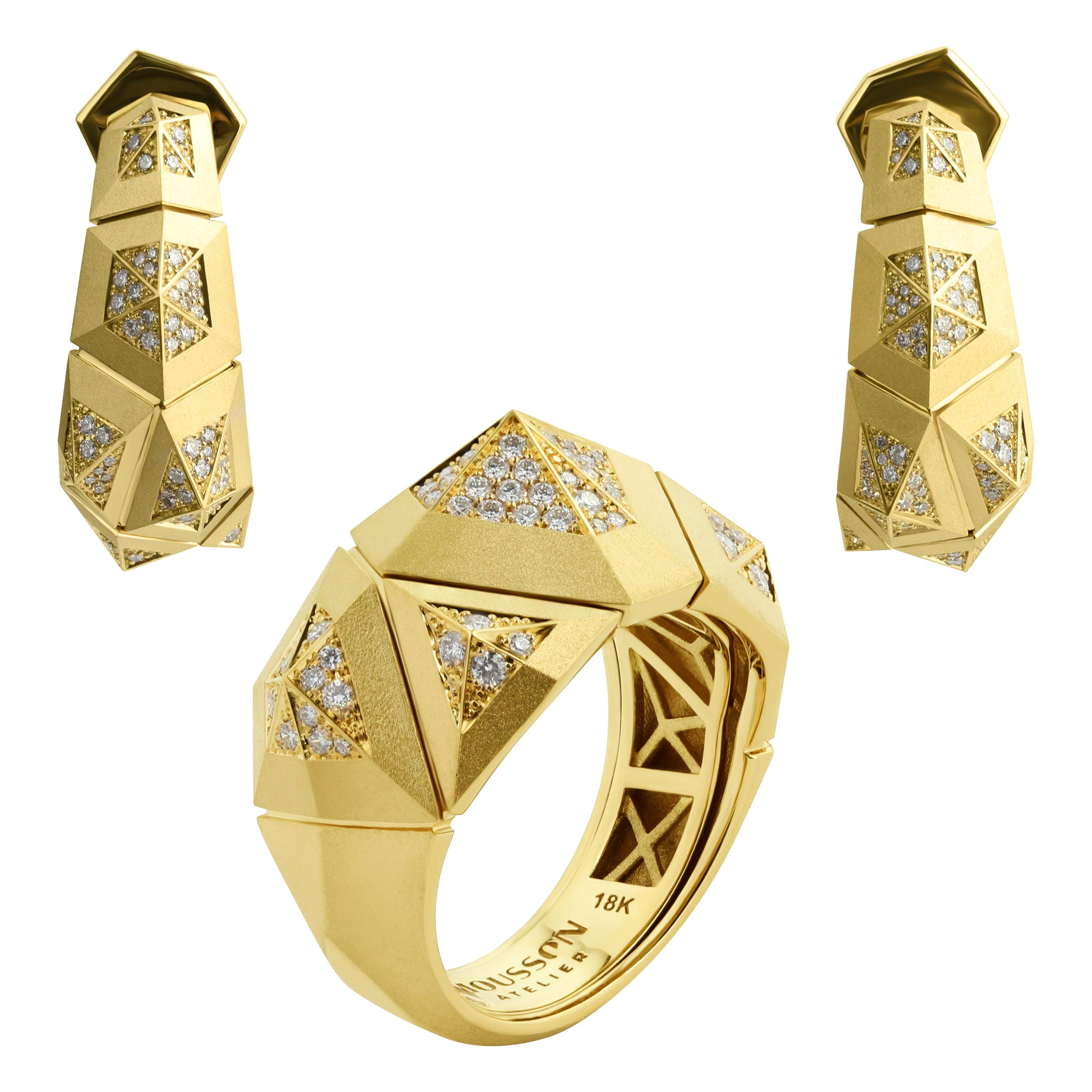 Diamanten 18 Karat Gelbgold Matte Gold Geometrie Suite mit Diamanten