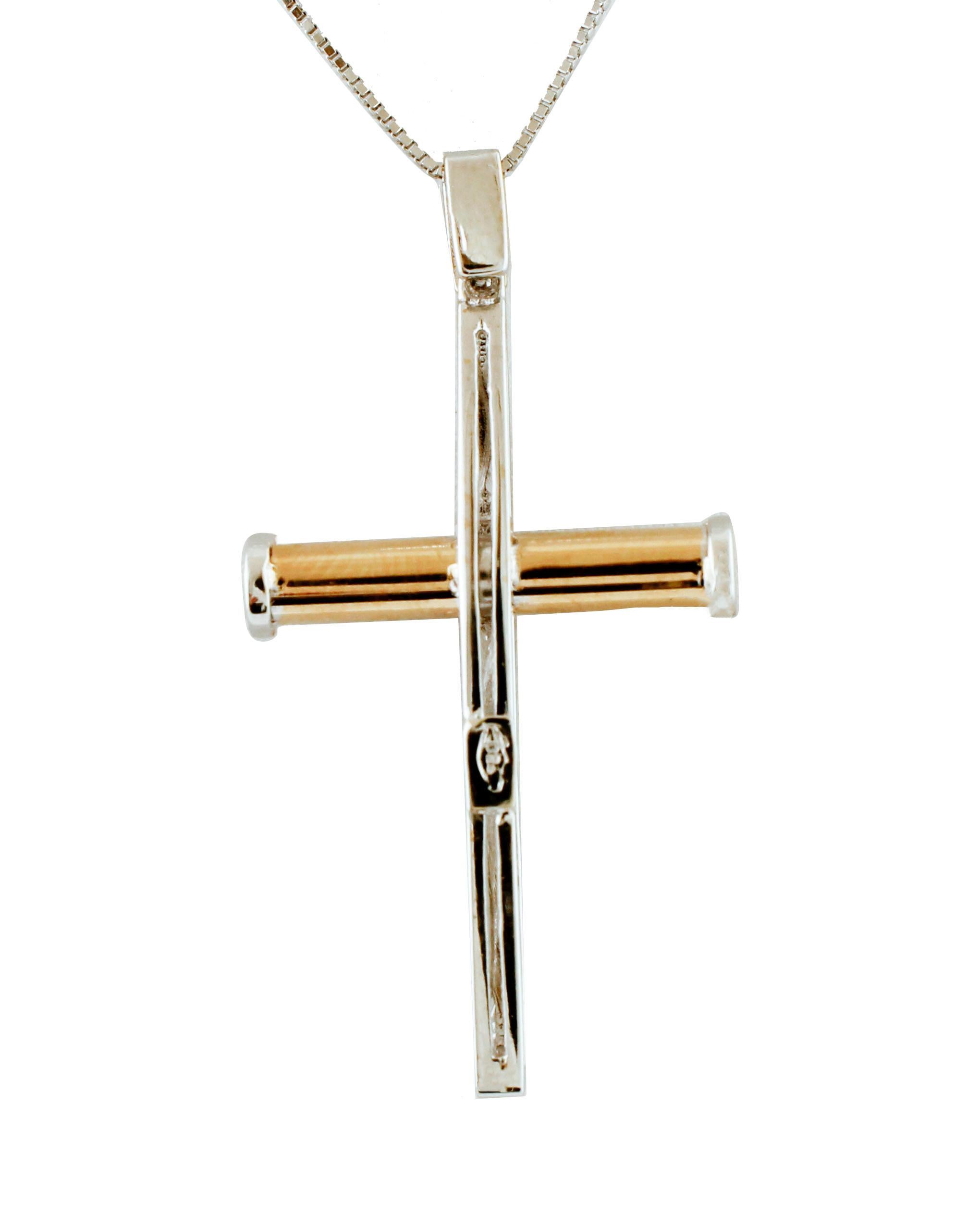 Modern Diamonds, 18 Karat Rose and White Gold Cross Shape Pendant Necklace