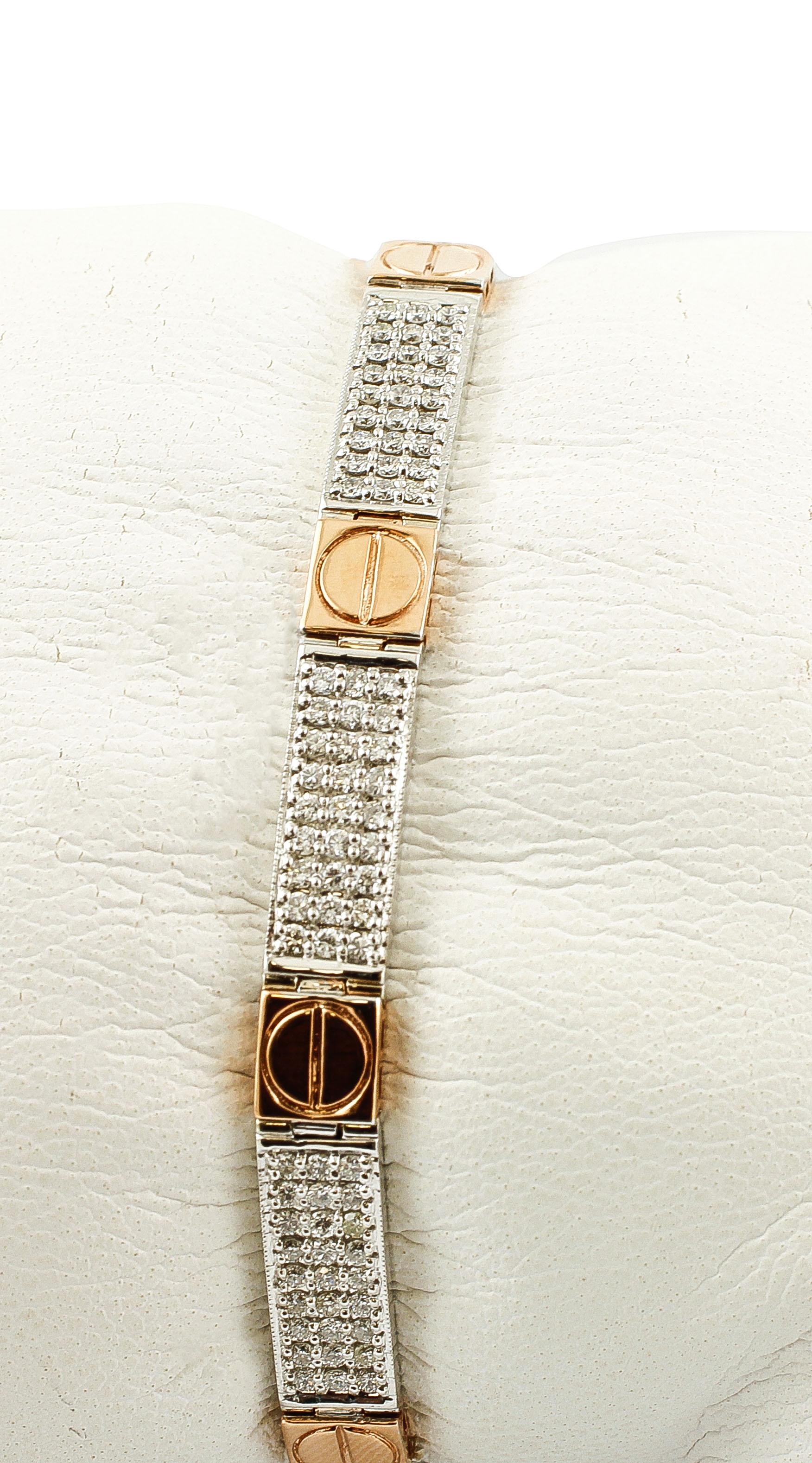 Retro Diamonds, 18 Karat White and Rose Gold Band Bracelet For Sale