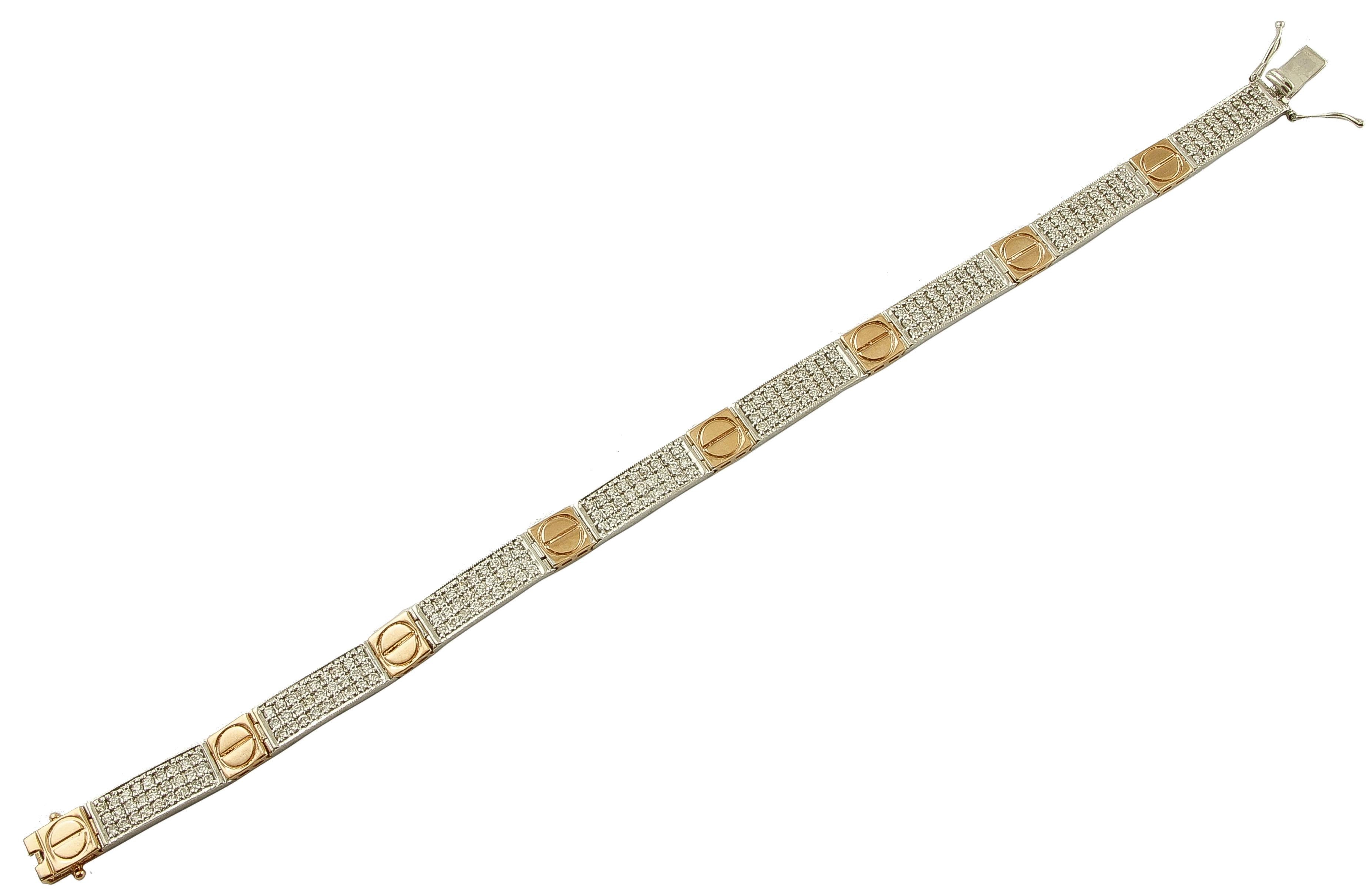 Brilliant Cut Diamonds, 18 Karat White and Rose Gold Band Bracelet For Sale