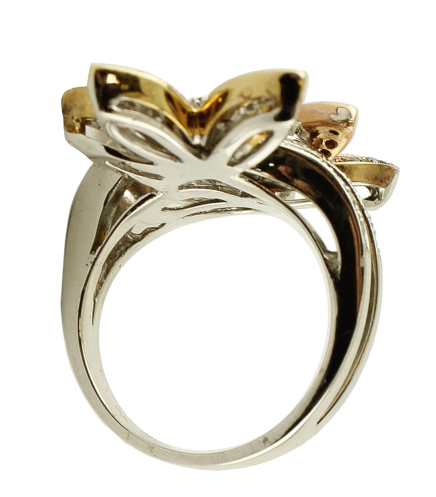 Brilliant Cut Diamonds, 18 Karat White and Yellow Gold Flower Ring For Sale