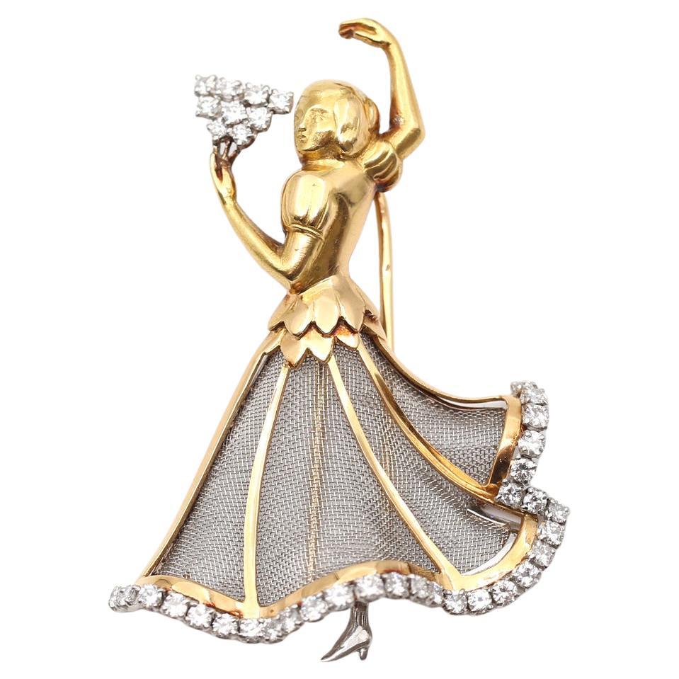 Round Cut Diamonds 18K Yellow Gold Flamenco Dancer Brooch, 1940 For Sale