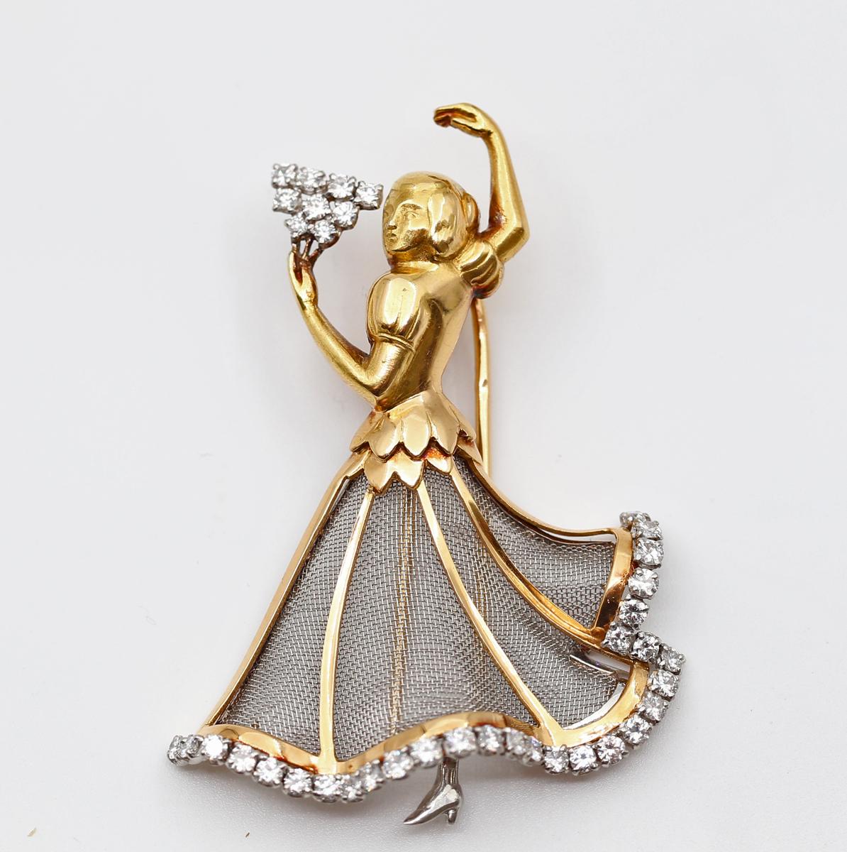 Broche danseuse flamenco en or jaune 18 carats et diamants, 1940 Unisexe en vente