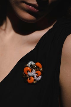 Diamonds 18K Yellow Gold Pink Brooch Boxed Italy, 1950