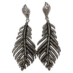 Diamonds 18k Yellow Gold Silver Stud Feather Long Earrings