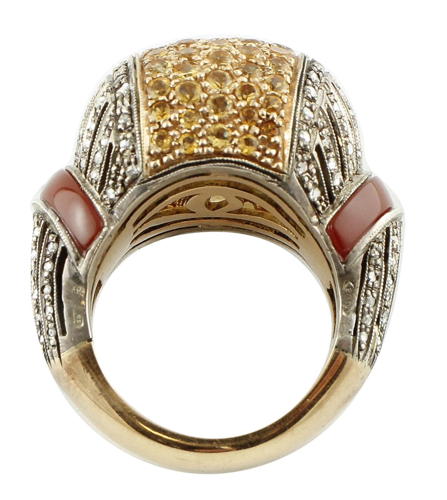 Taille mixte Diamants, 3.08 Carat Yellow Stones Cornaline Rose Gold Silver Cluster Retrò Ring en vente