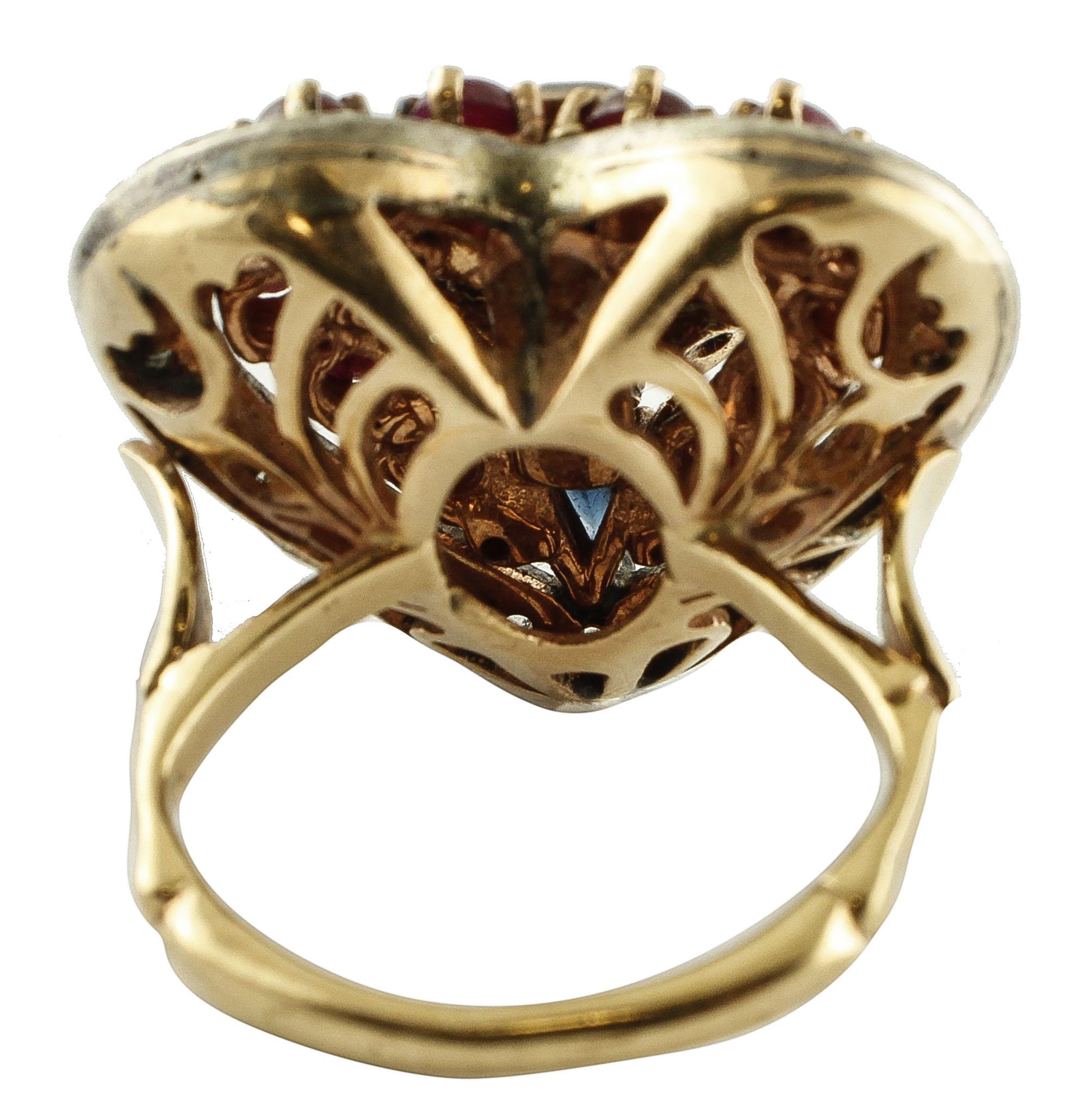 Retro Diamonds, 3.45 Carat Rubies and Blue Sapphires Heart Shape Rose Gold Silver Ring