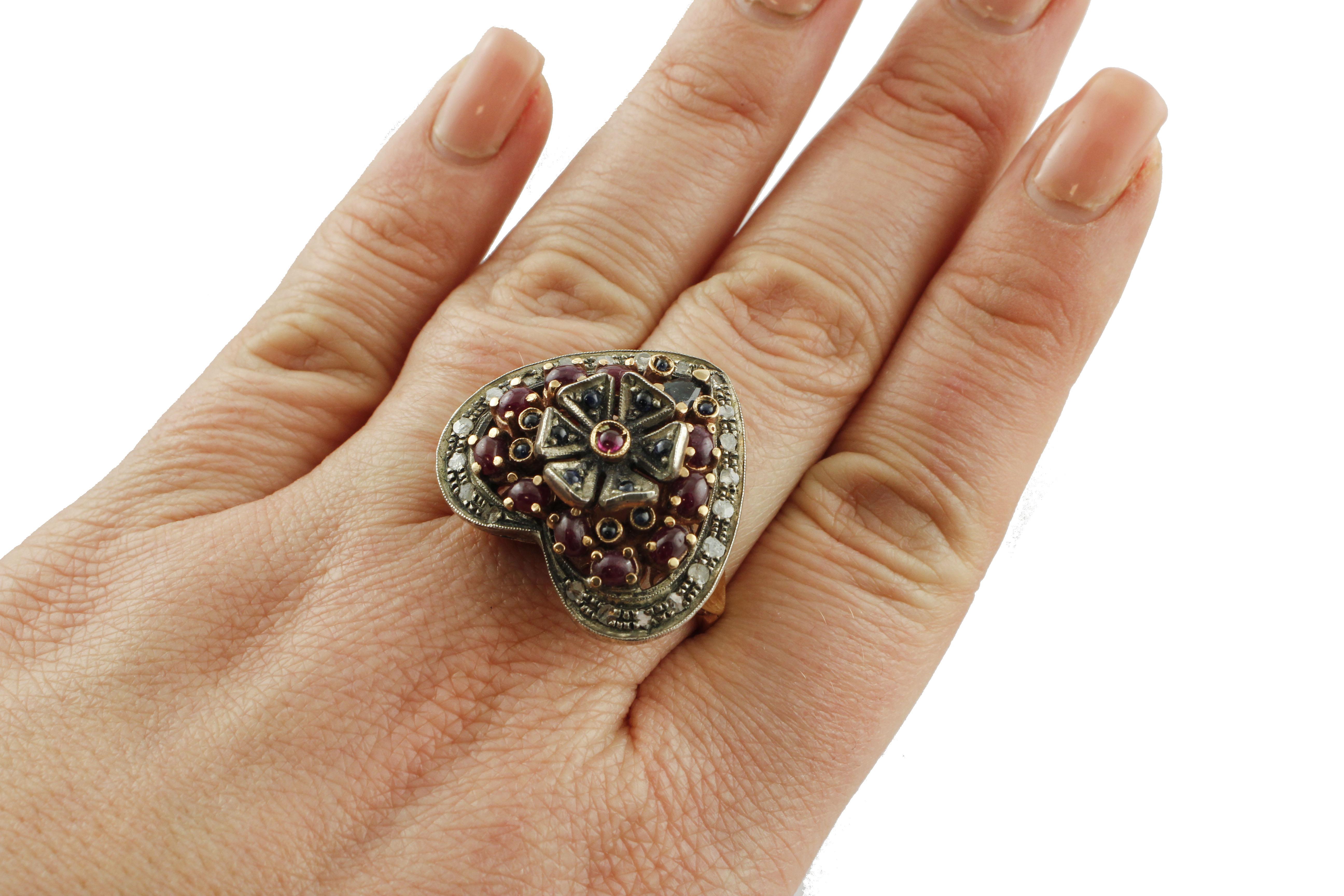Mixed Cut Diamonds, 3.45 Carat Rubies and Blue Sapphires Heart Shape Rose Gold Silver Ring