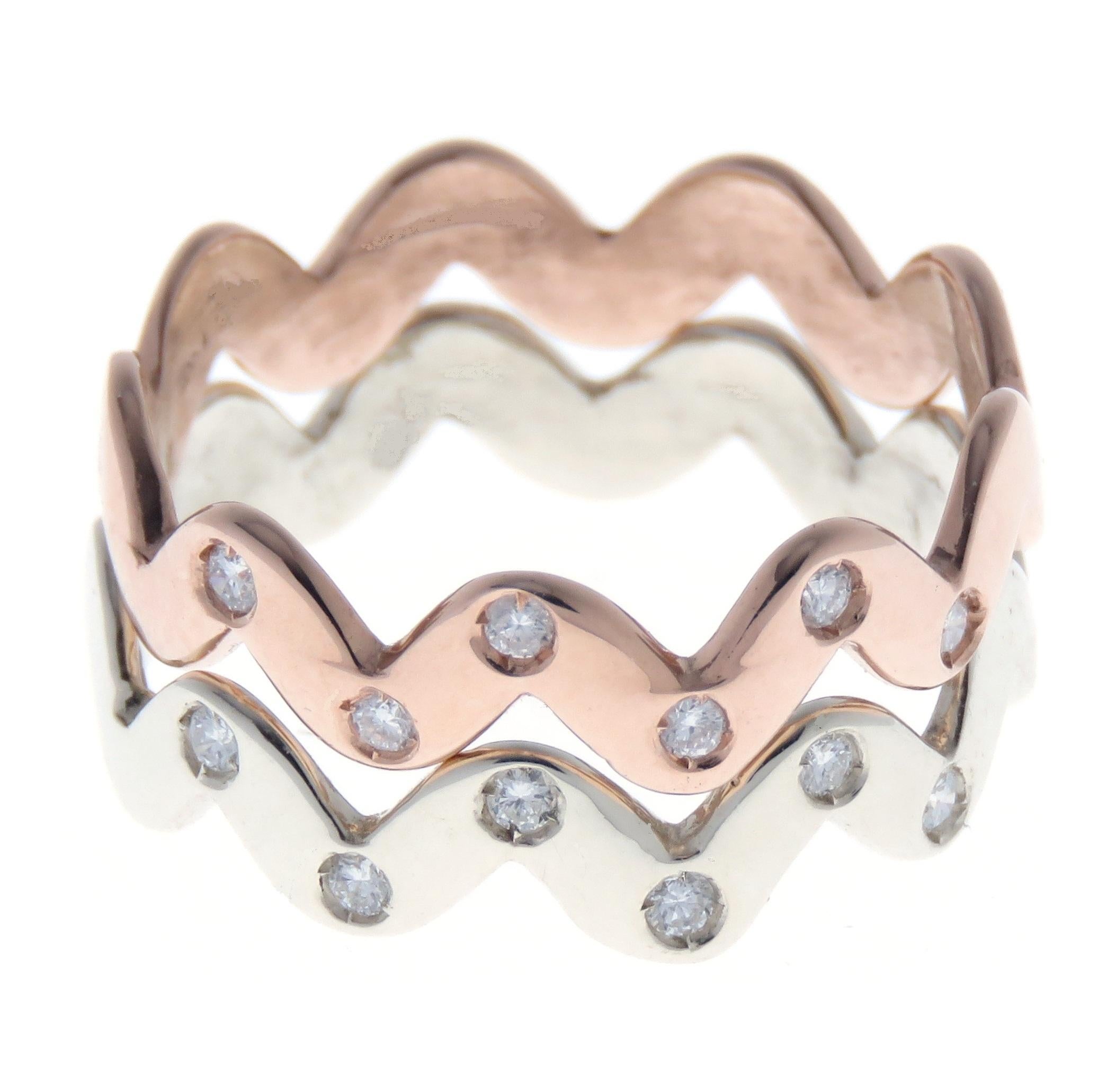 Brilliant Cut Diamonds 9 Karat Rose Gold Zig Zag Stacking Ring Handcrafted in Italy For Sale