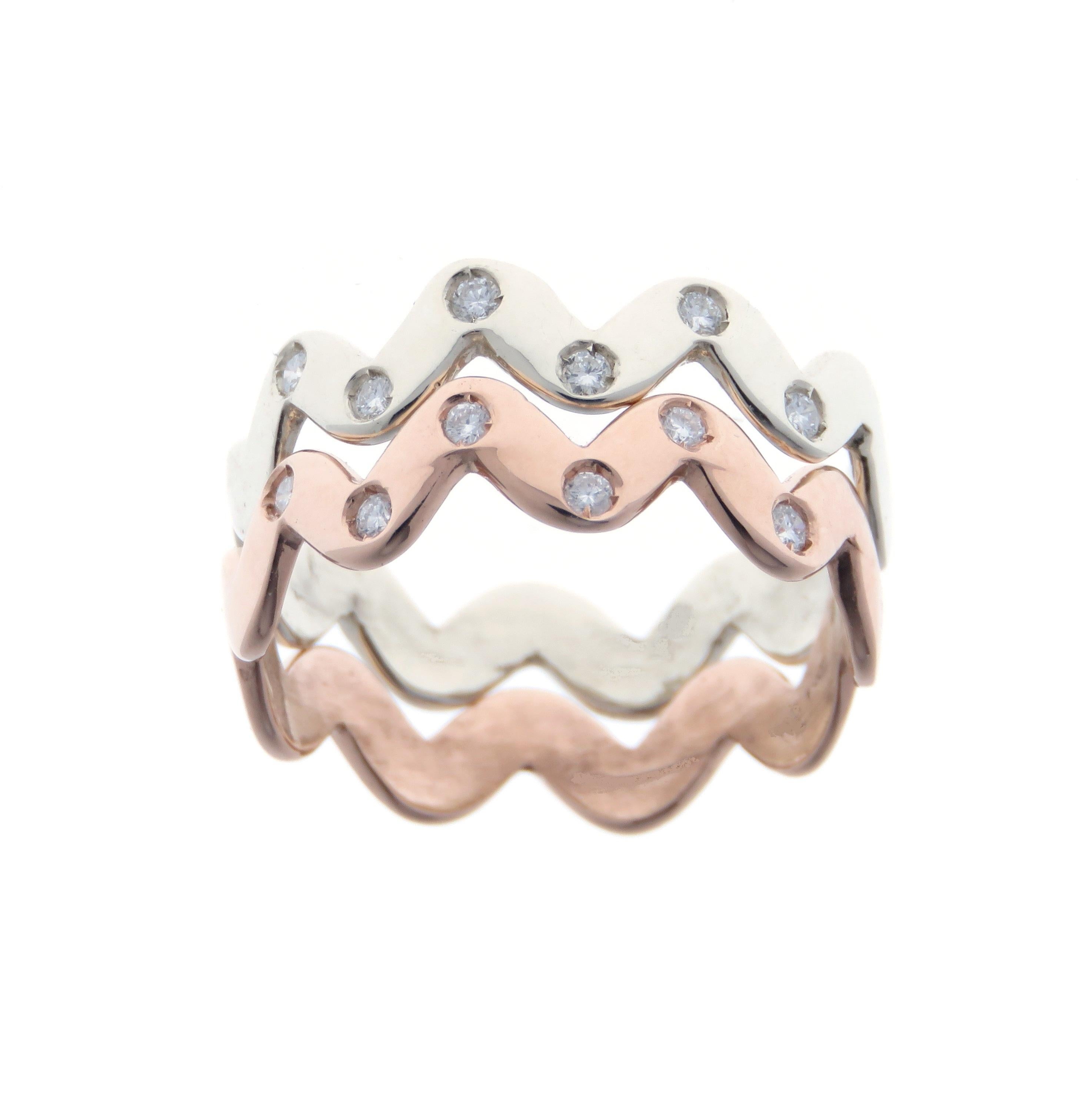 Brilliant Cut Diamonds 9 Karat White Gold Stacking Zig Zag Ring Handcrafted in Italy For Sale