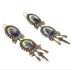 1950s Mid- Century 9K & Silver Yellow Gold Drop Earrings with Rose-Cut Diamonds